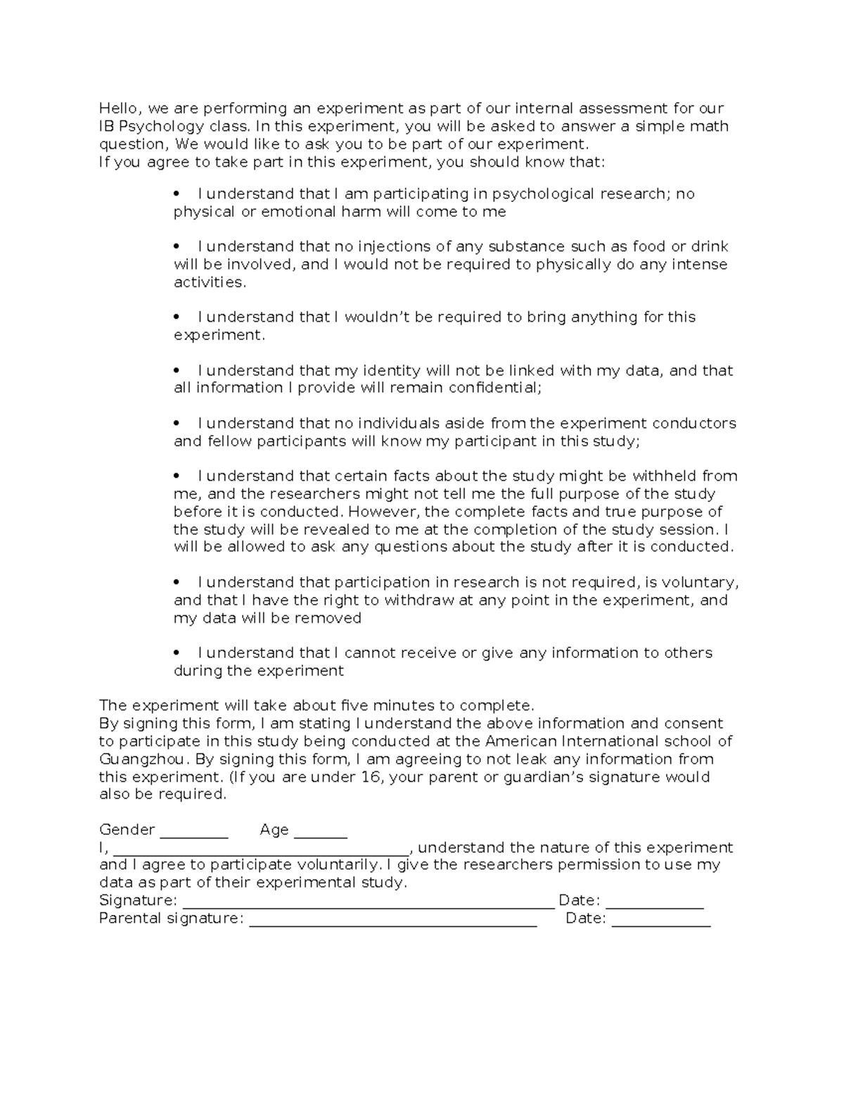 Psych IA Consent FORM - Hello, we are performing an experiment as part ...