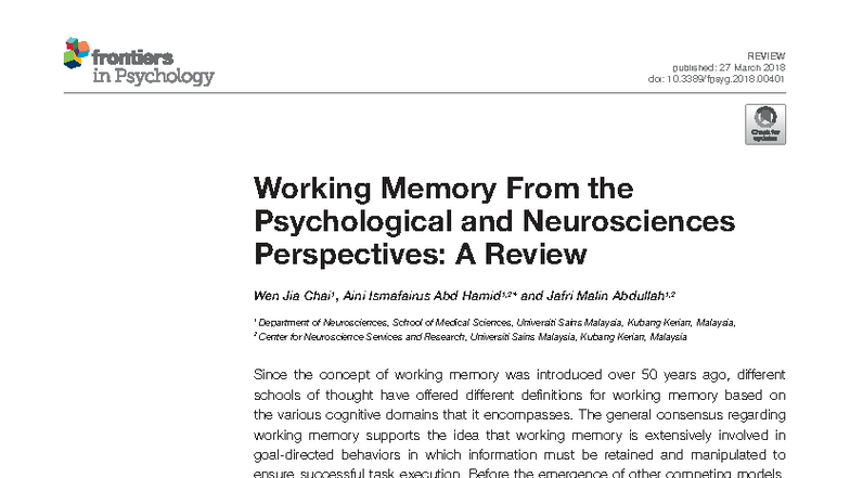 REVIEW: Working Memory Insights from Psychology & Neuroscience (PSY 401 ...