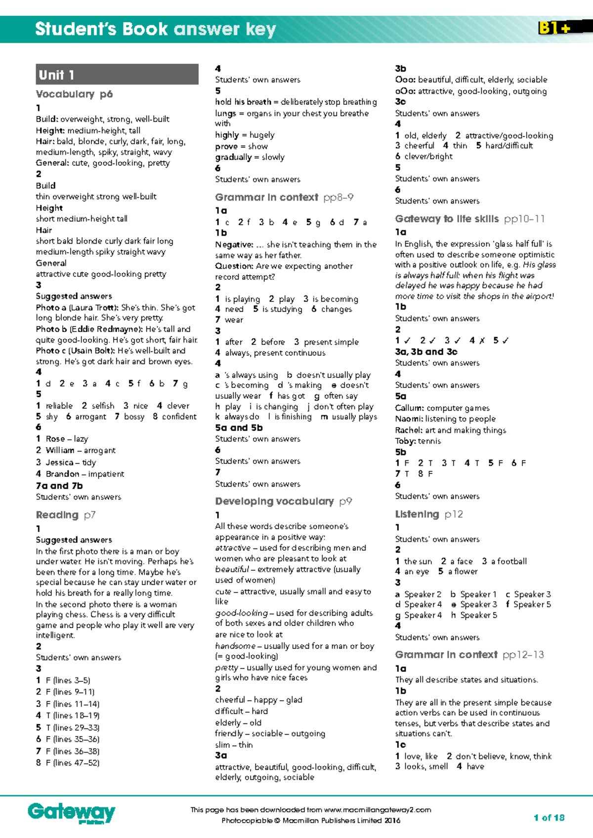 B1+ Student's Book Answer Key: Comprehensive Guide to Units 1-3 - Studocu