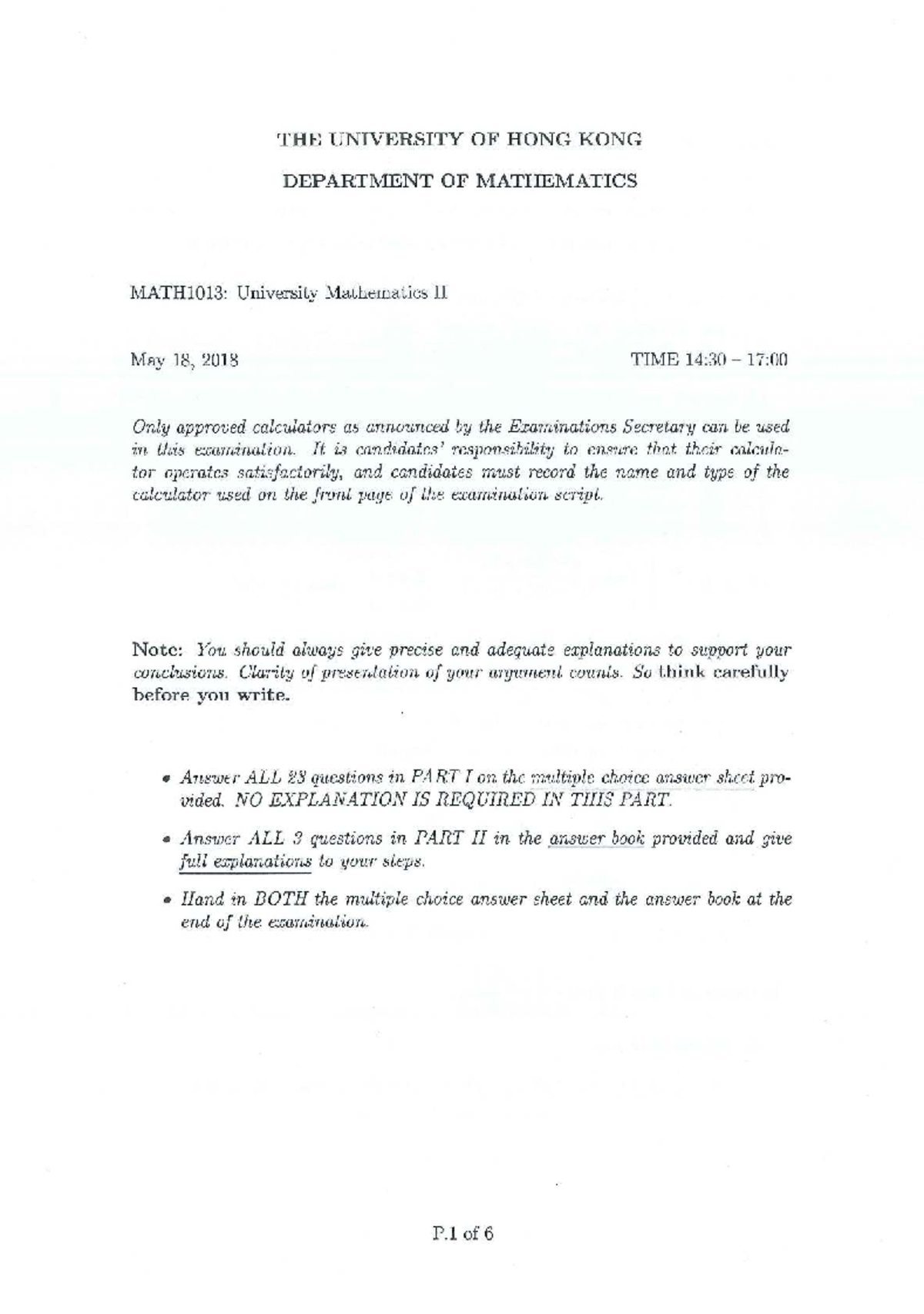 MATH1013: University Mathematics II Final Exam Guidelines and Questions ...