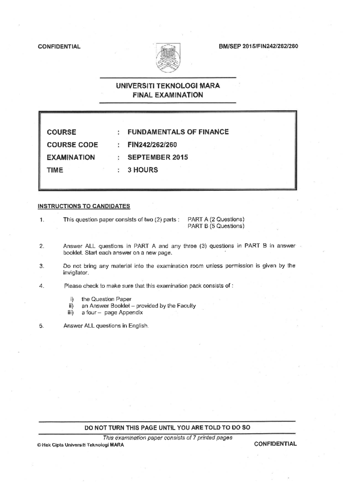 FIN242 2015 S1 - Final Examination Paper on Fundamentals of Finance ...