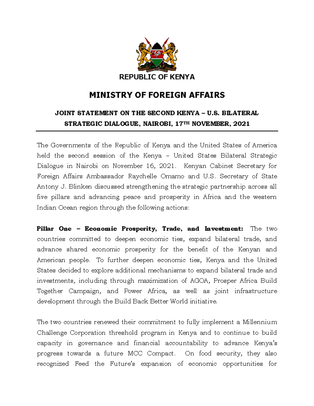 Joint Statement on Kenya-U.S. Bilateral Strategic Dialogue - Studocu