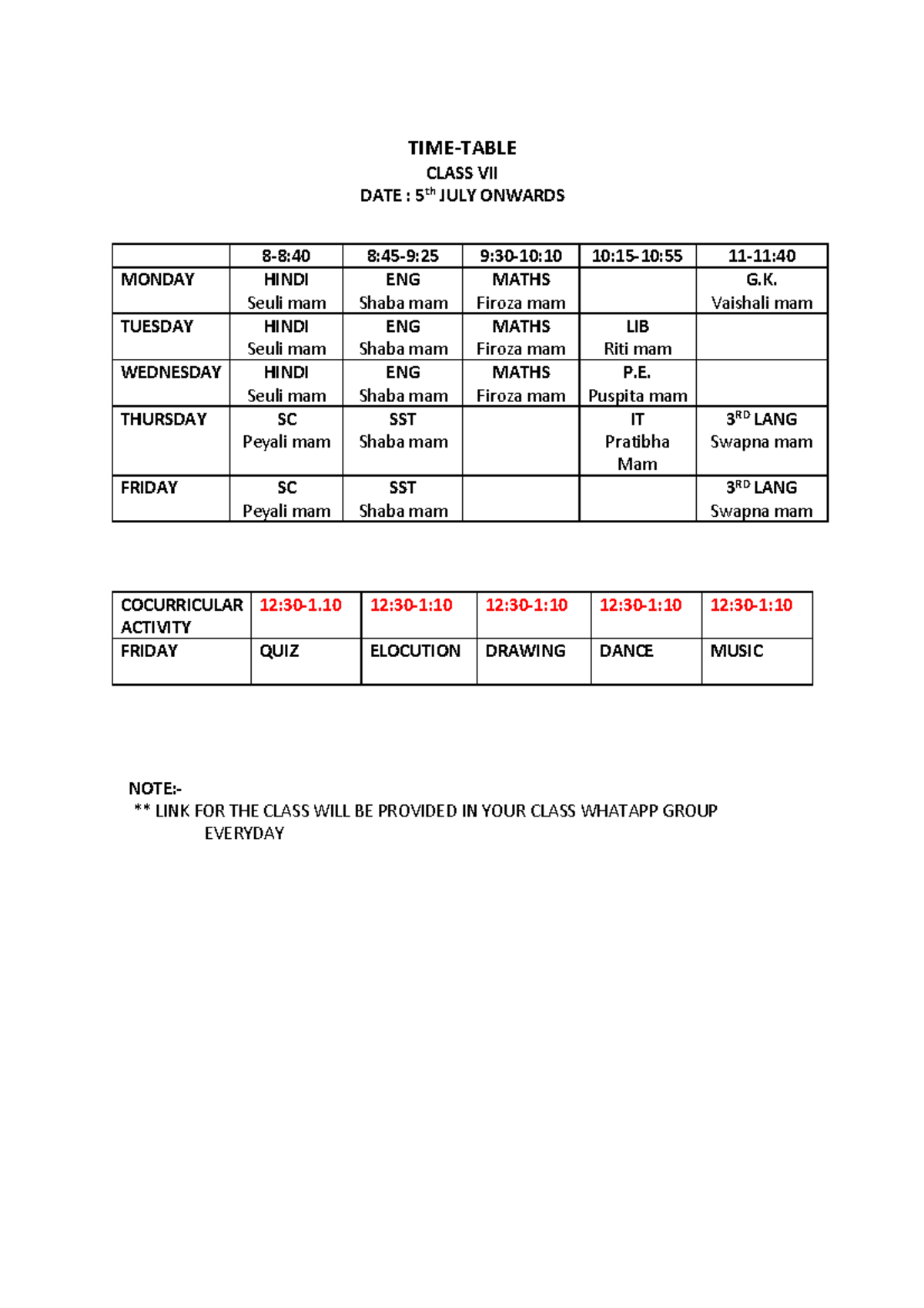 Timetable Class 7B revised - TIME-TABLE CLASS VII DATE : 5 th JULY ...