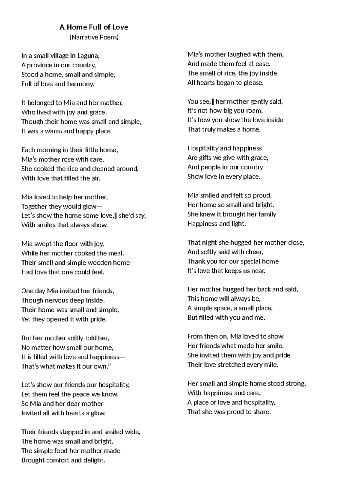 A Home Full of Love: A Heartwarming Narrative Poem - Studocu