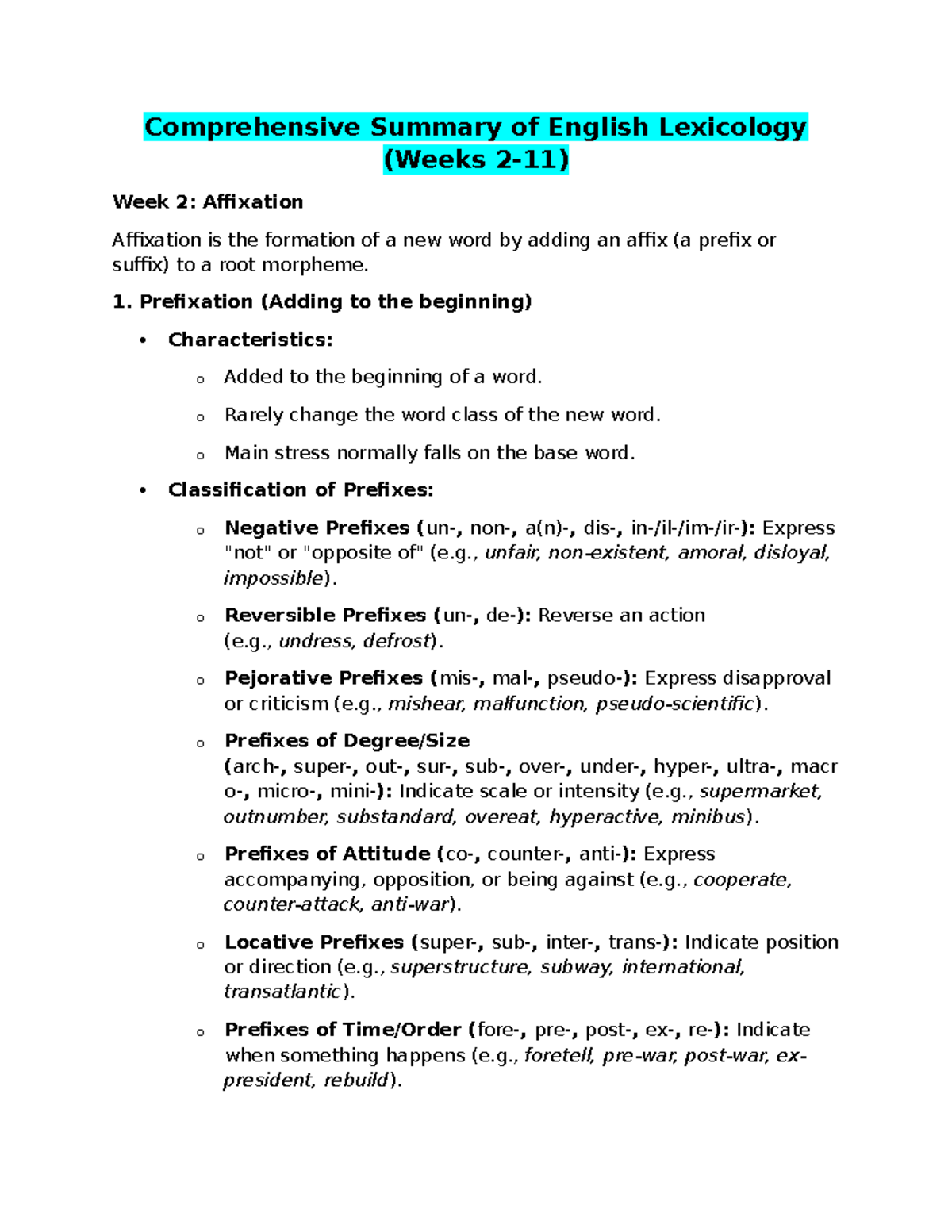 Comprehensive Summary of English Lexicology (Weeks 2-11) - Studocu