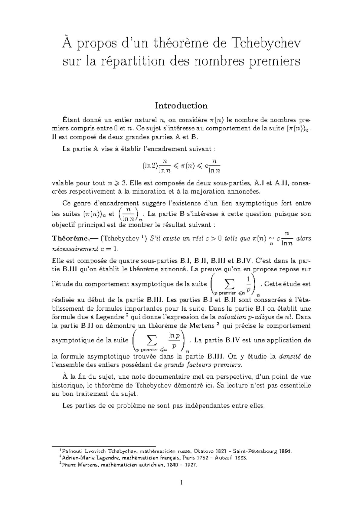 Théorème de Tchebychev sur la répartition des nombres premiers (Capes ...