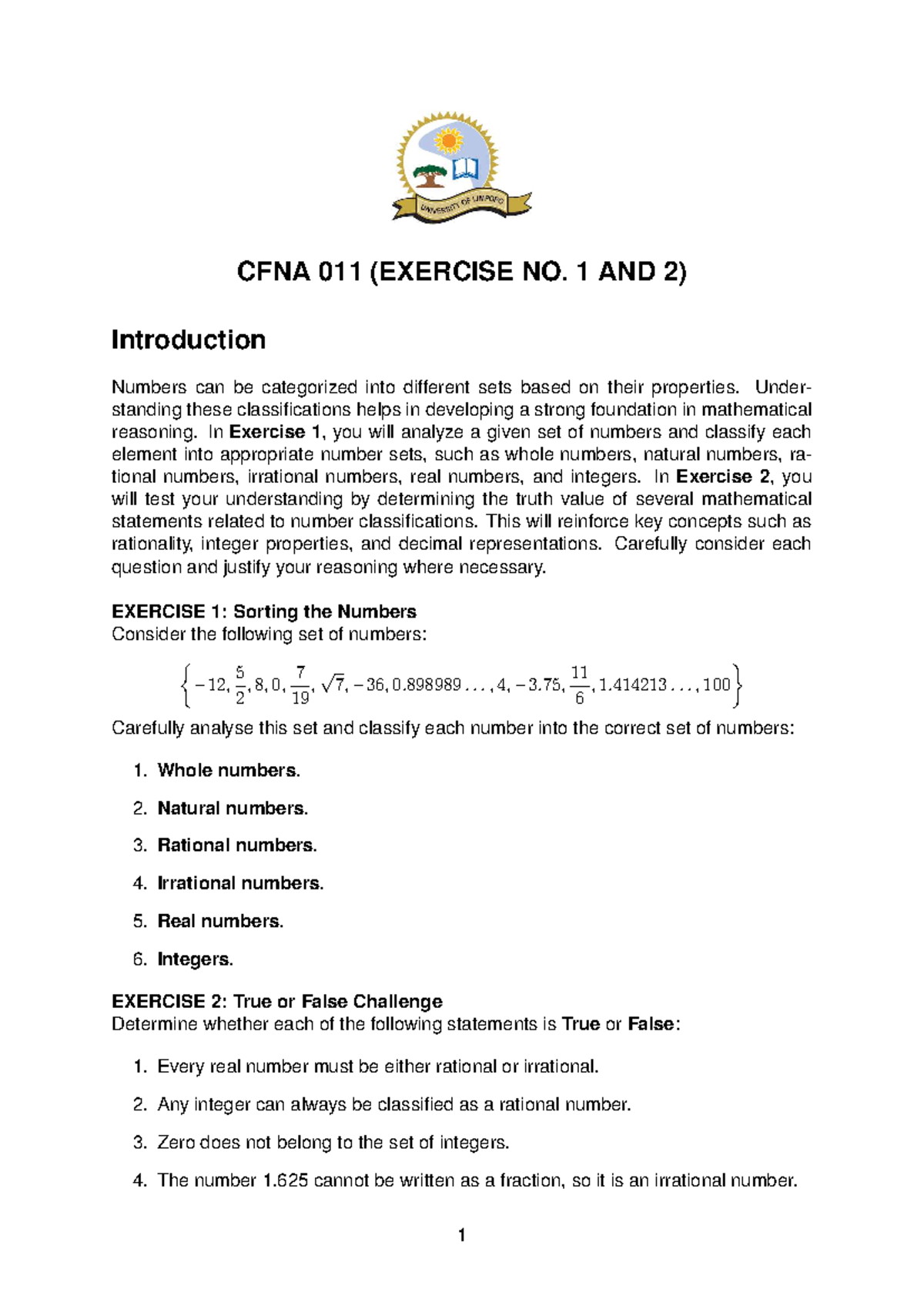 CFNA 011 Final Exam: Classifying Numbers in Exercises 1 & 2 - Studocu