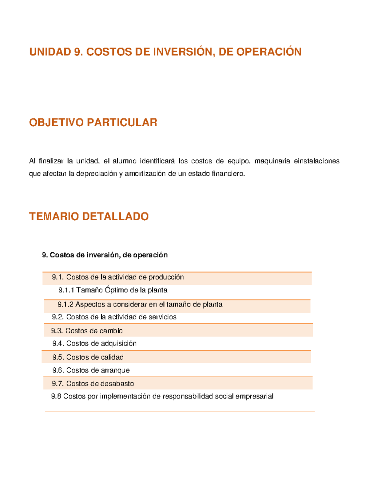 Unidad 9: Costos de Inversión y Operación en la Producción y Servicios ...
