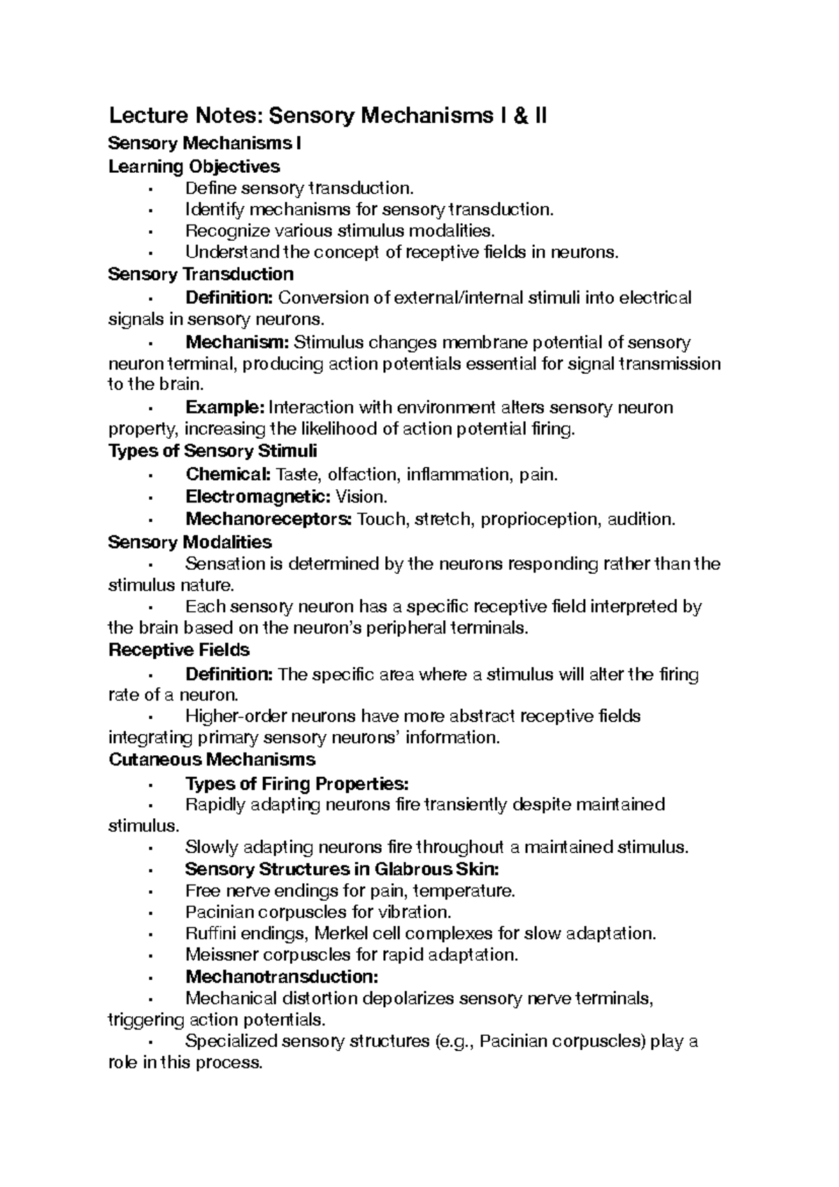 Lecture Notes- Sensory Mechanisms I & II - Lecture Notes: Sensory ...