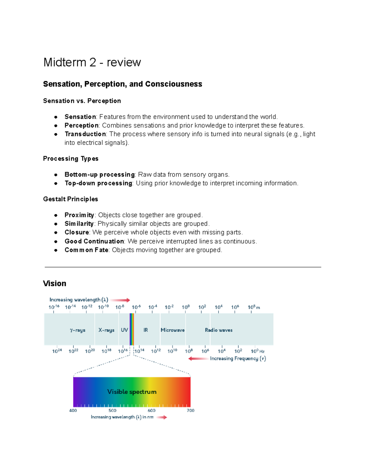 PSY1101- Midterm 2 Notes 2 - Midterm 2 - review Sensation, Perception ...