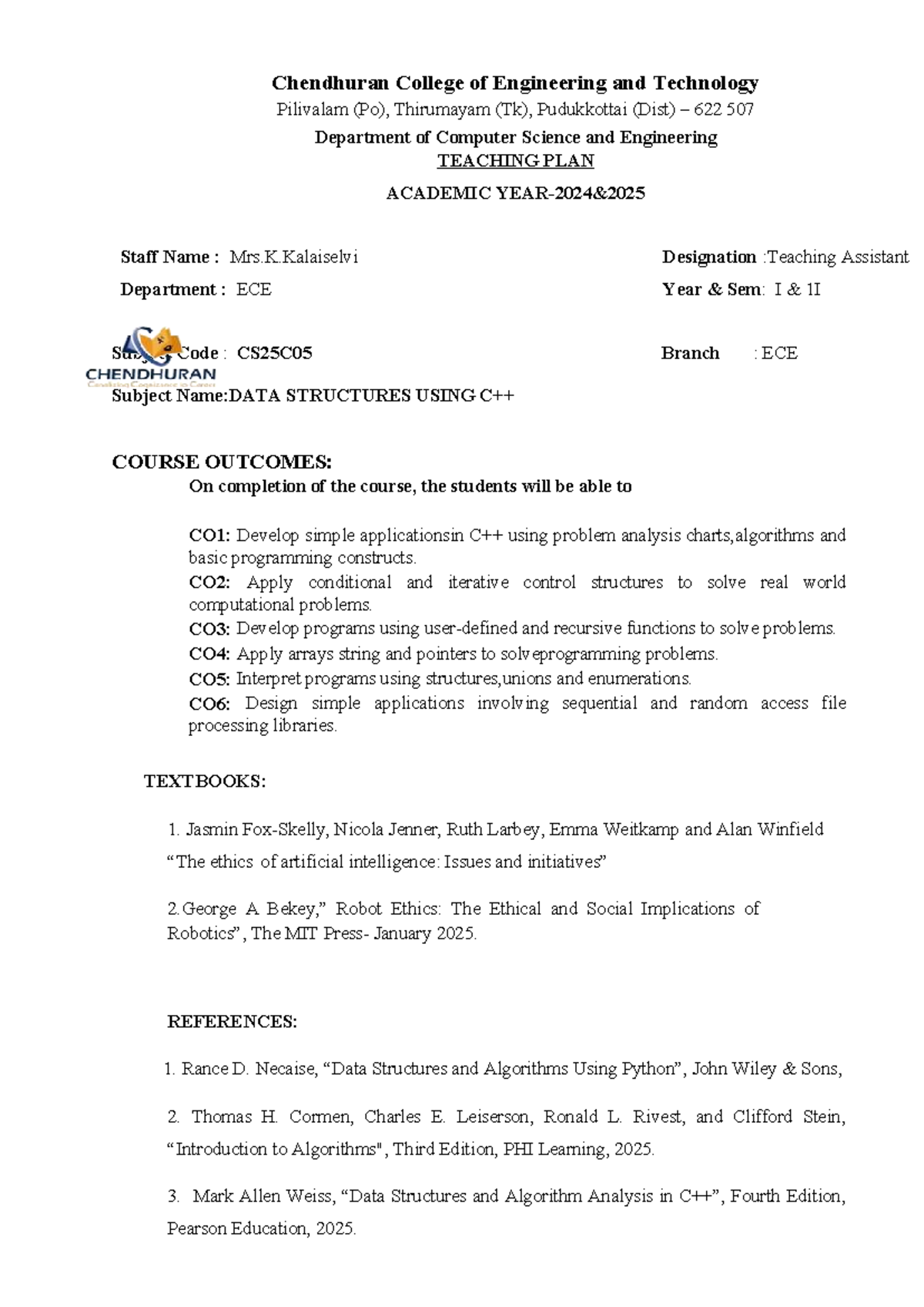 Final Teaching Plan for CS25C05: Data Structures Using ECE - Studocu