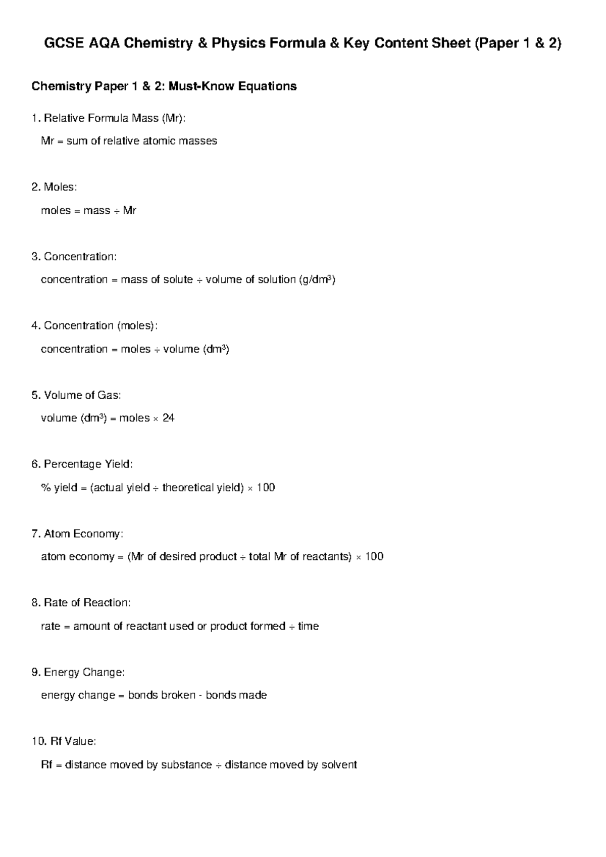 GCSE AQA Chemistry & Physics Key Equations Sheet for Papers 1 & 2 - Studocu