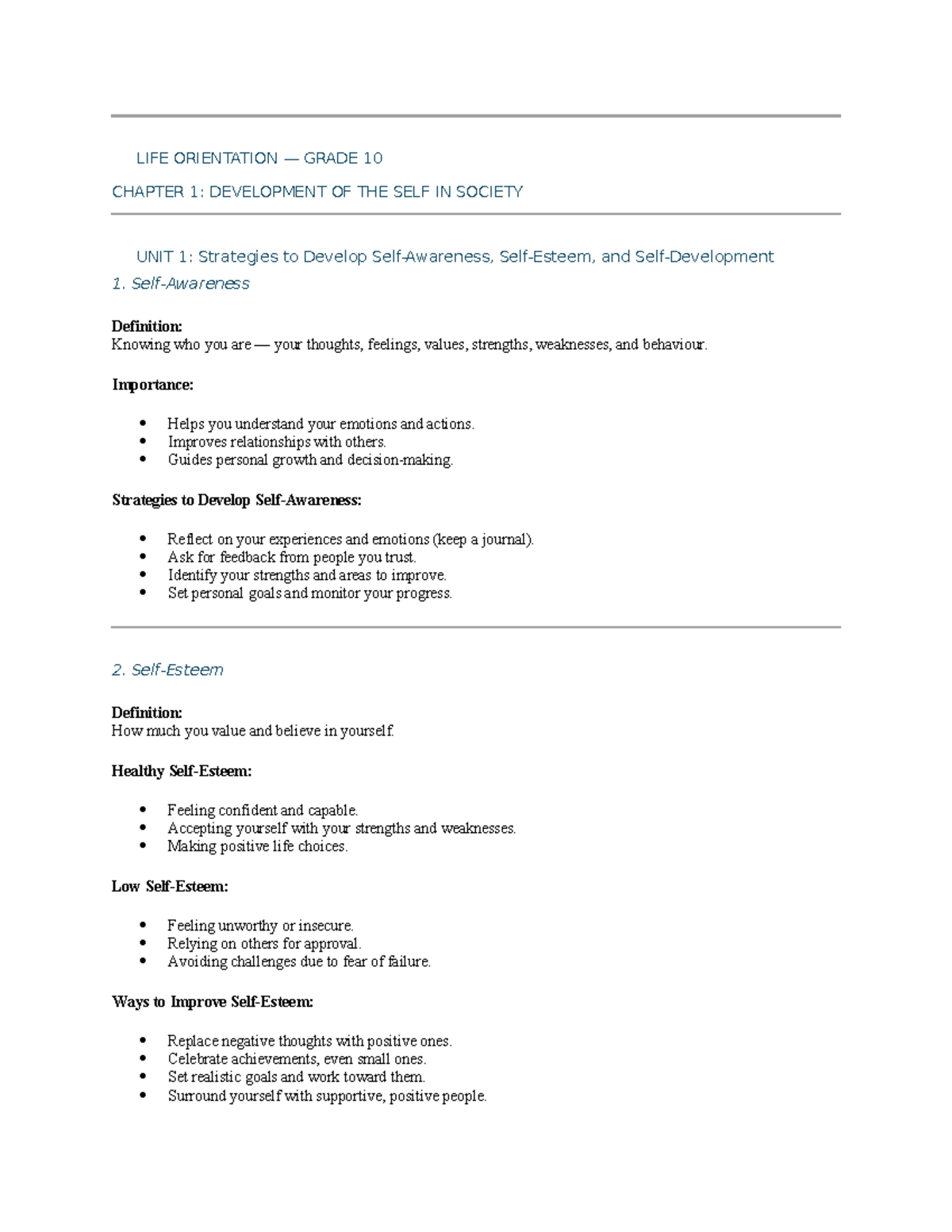 LIFE ORIENTATION GRADE 10: DEVELOPMENT OF THE SELF IN SOCIETY NOTES ...