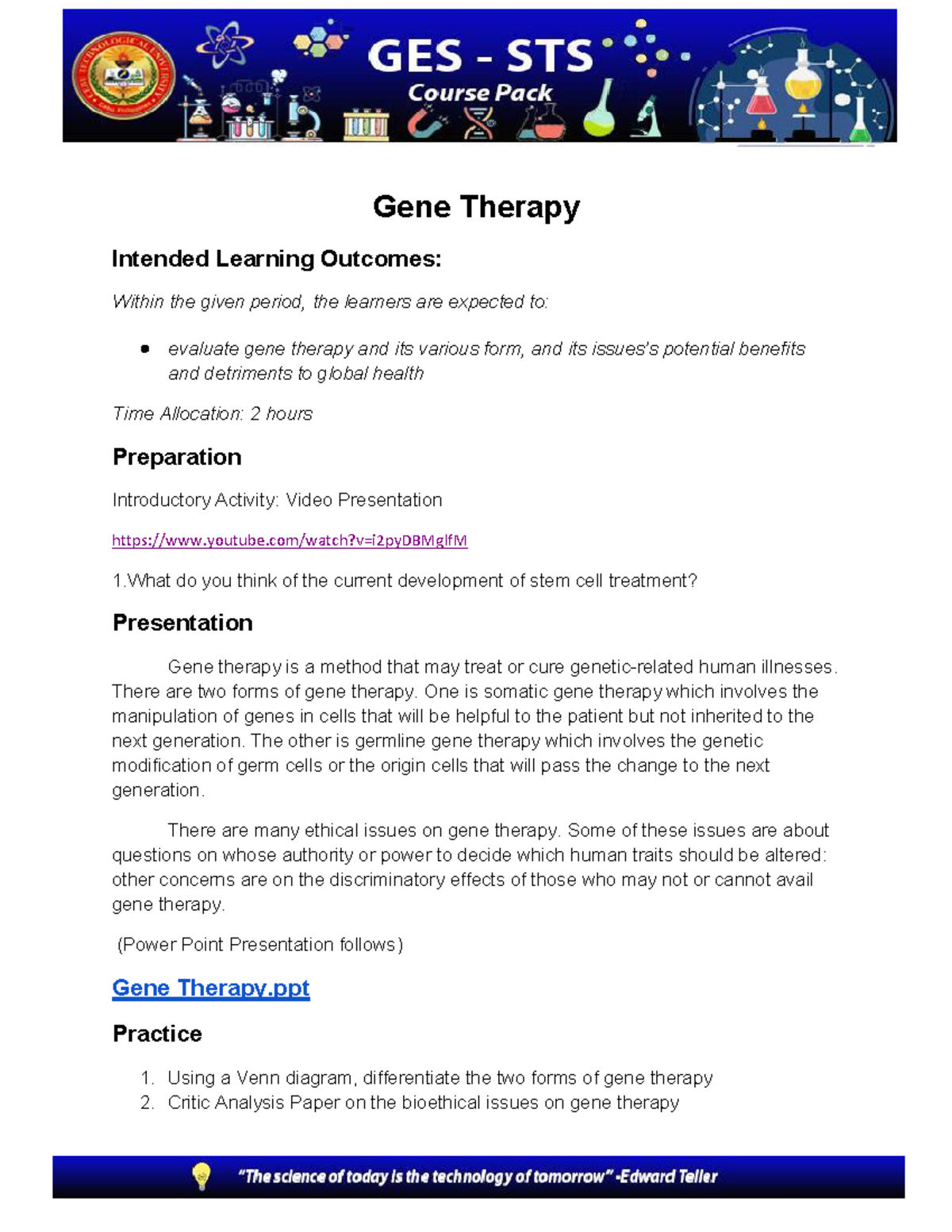 Gene Therapy Learning Outcomes and Activities (Course Code: n/a) - Studocu