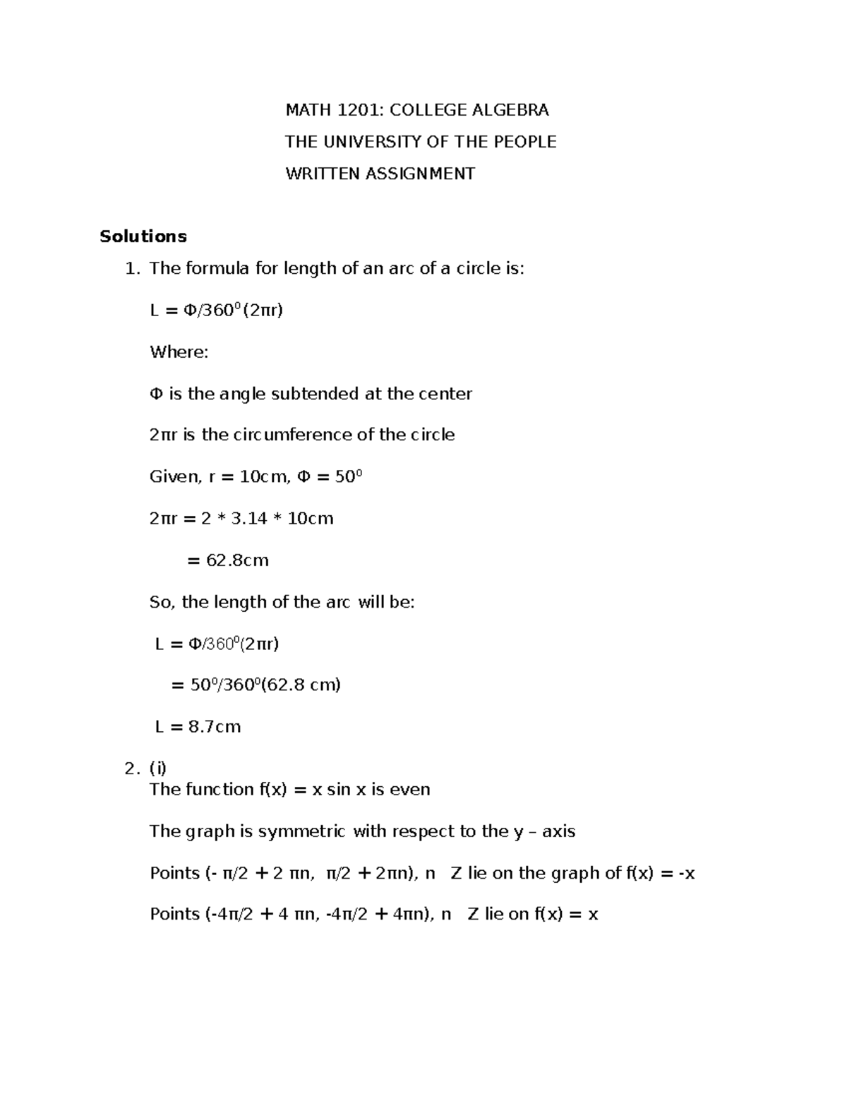 Math 1201 written assignment unit 7 - MATH 1201: COLLEGE ALGEBRA THE ...