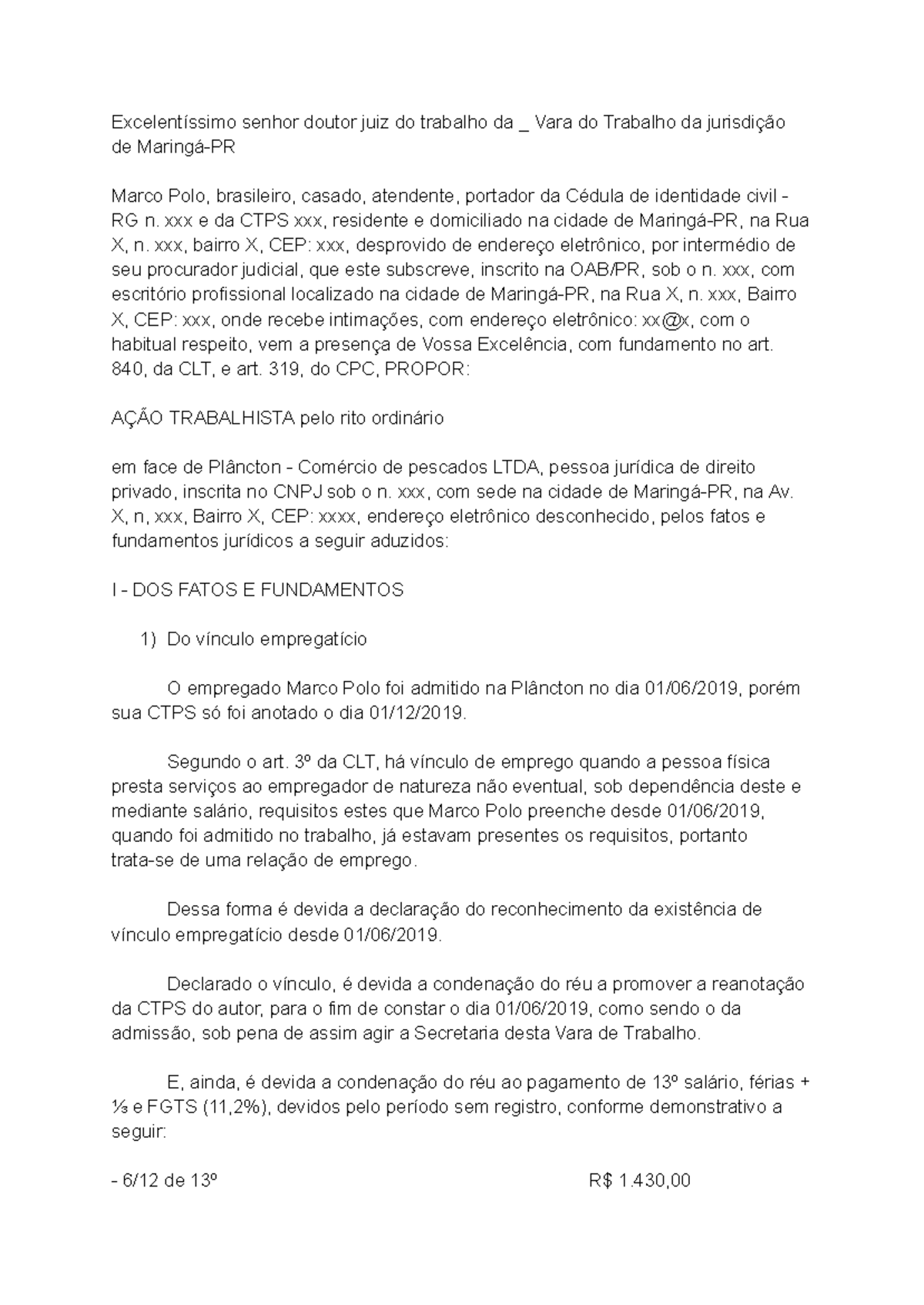 Petição Inicial Trabalhista: Exemplo de Ação Ordinária - TST 2023 - Document Preview