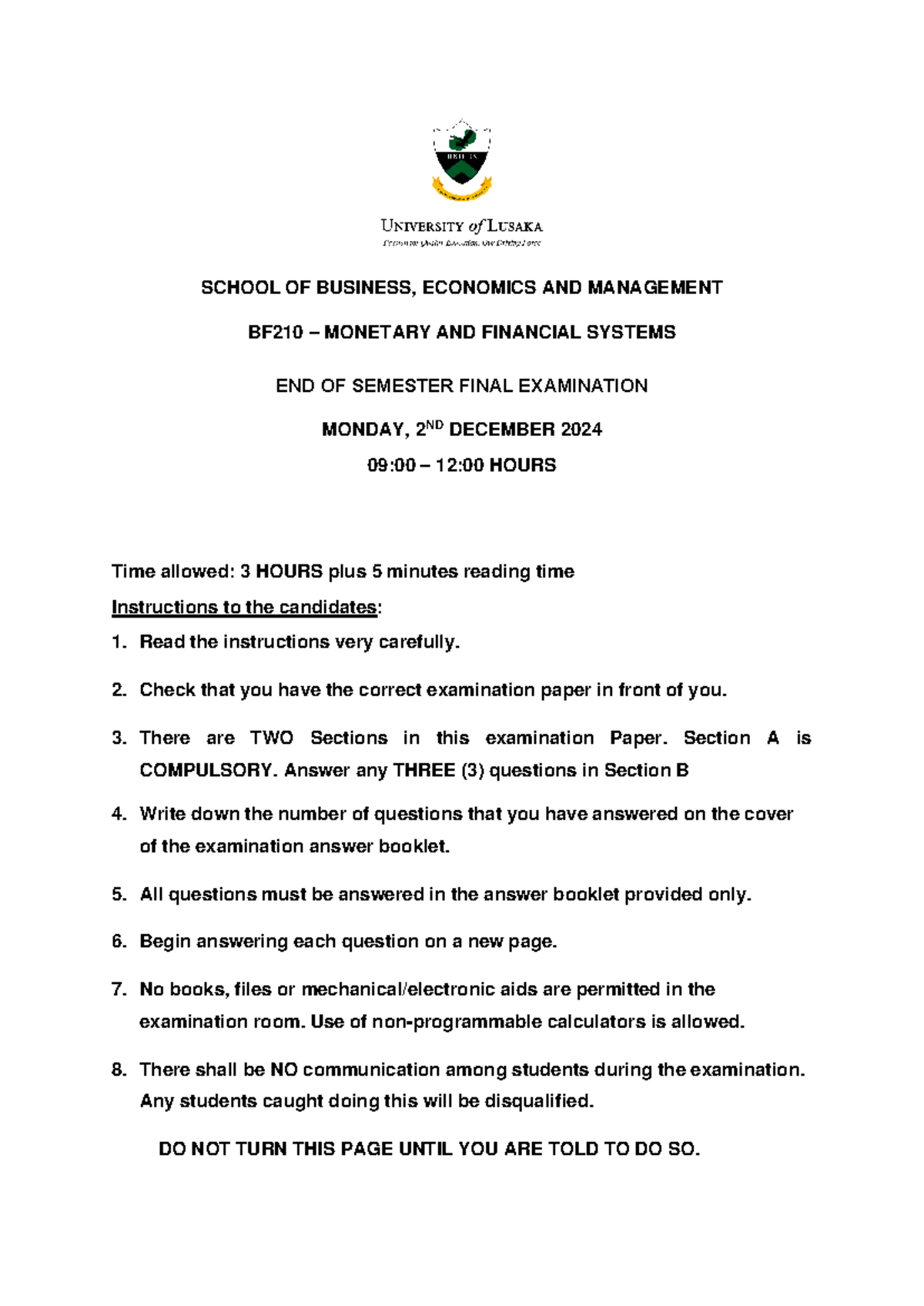 BF210 2024 semester 2 Final exam - SCHOOL OF BUSINESS, ECONOMICS AND ...