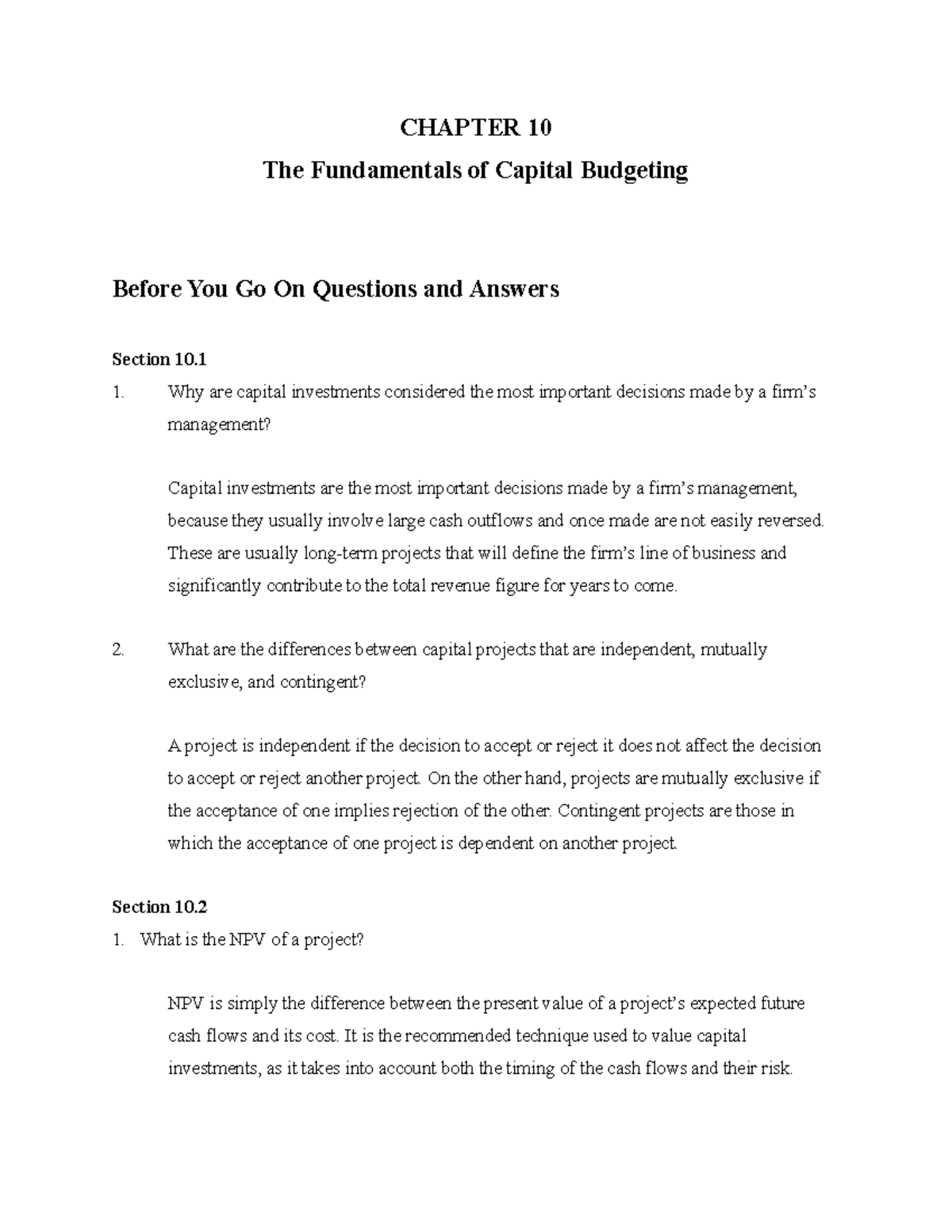 Chapter 10 - Fundamentals of Capital Budgeting: Key Concepts & Problems ...