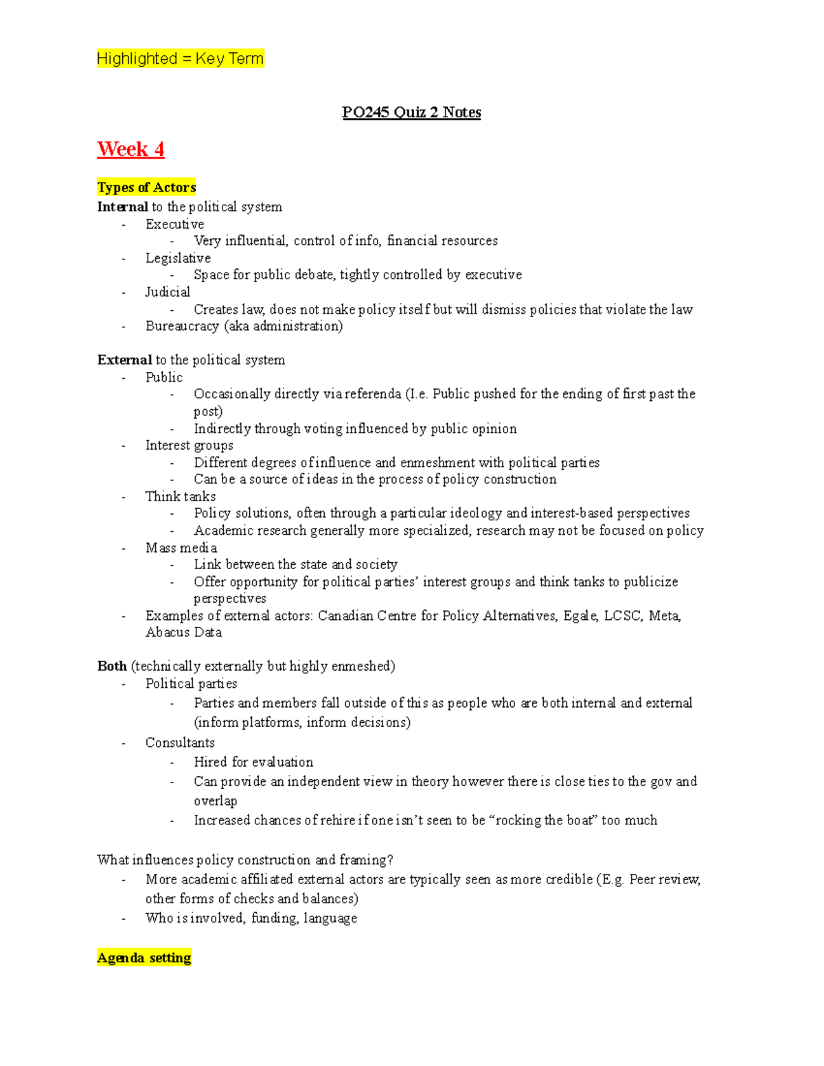PO245 Week 4-7 Quiz Notes: Types of Actors in Policy Making - Studocu