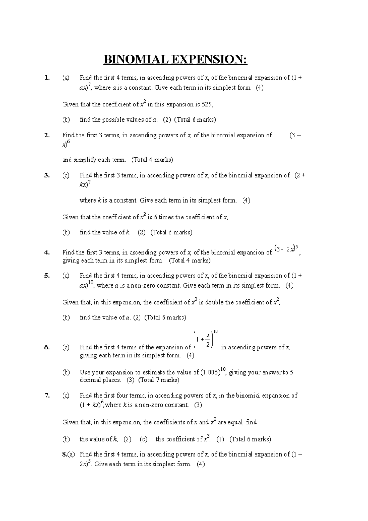 Binomial Expansion Questions and Solutions for Math Course MTH101 - Studocu