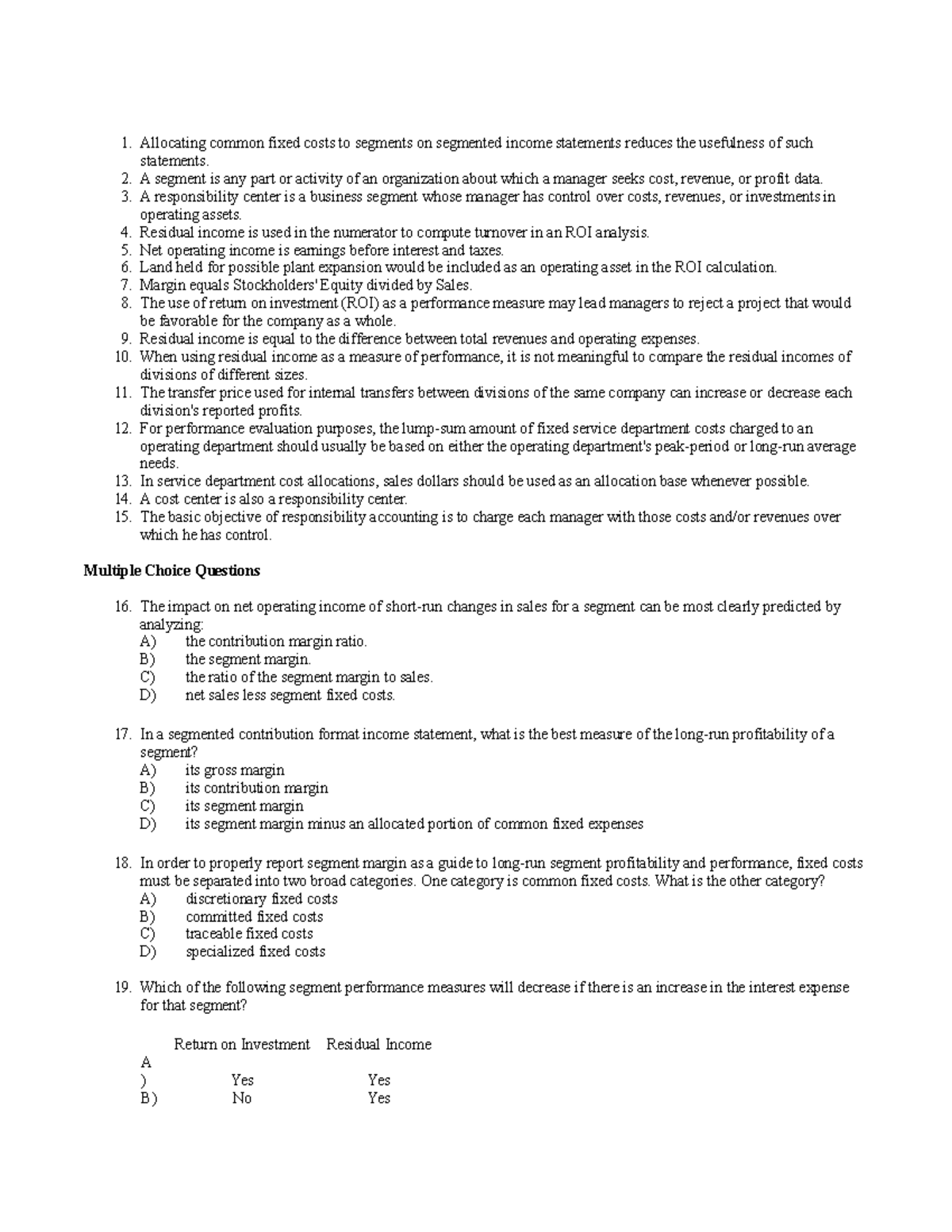 Exam 2018: Questions on Segment Reporting and Performance Measures ...