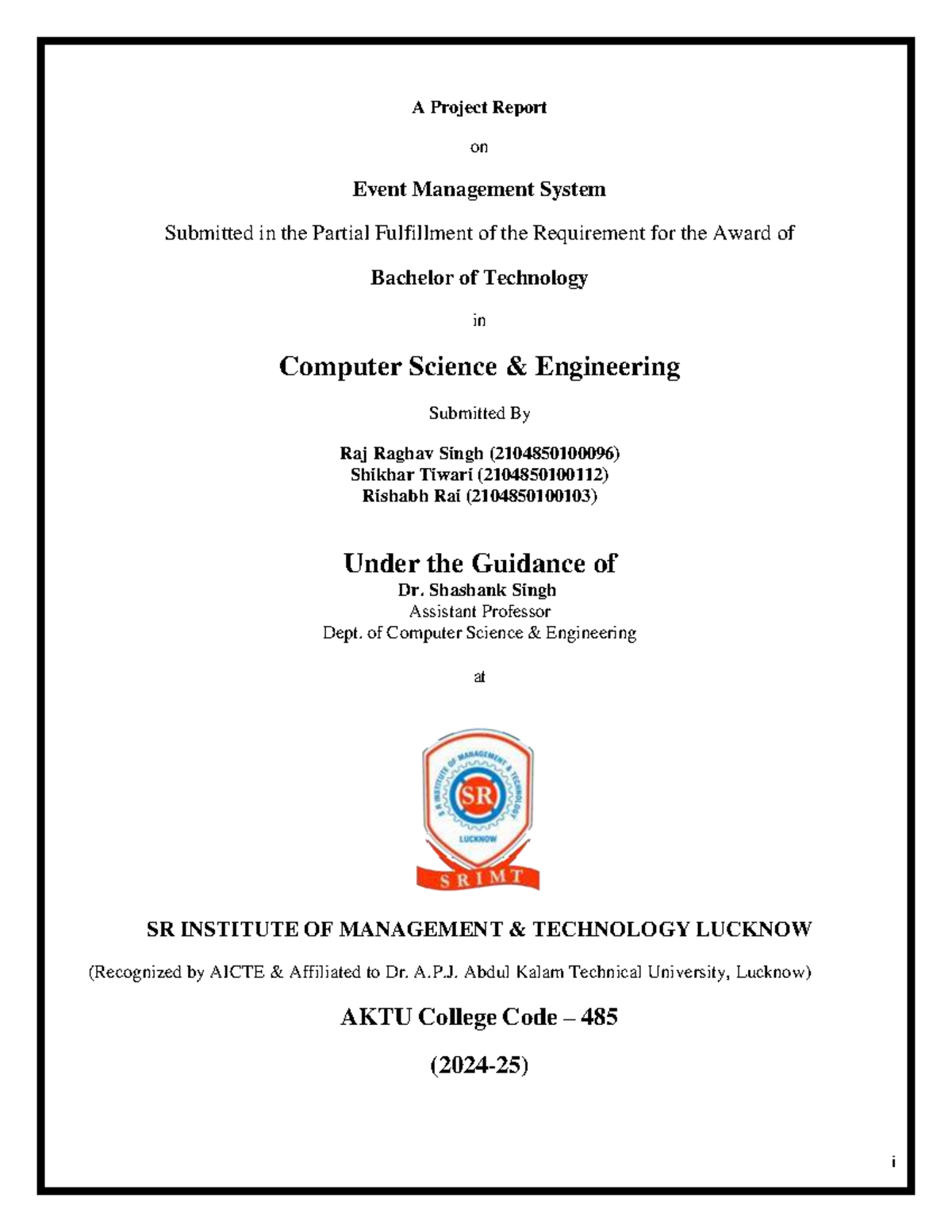 Event Project Report - uigiutt98uyhuihuiguiyo - i A Project Report on ...