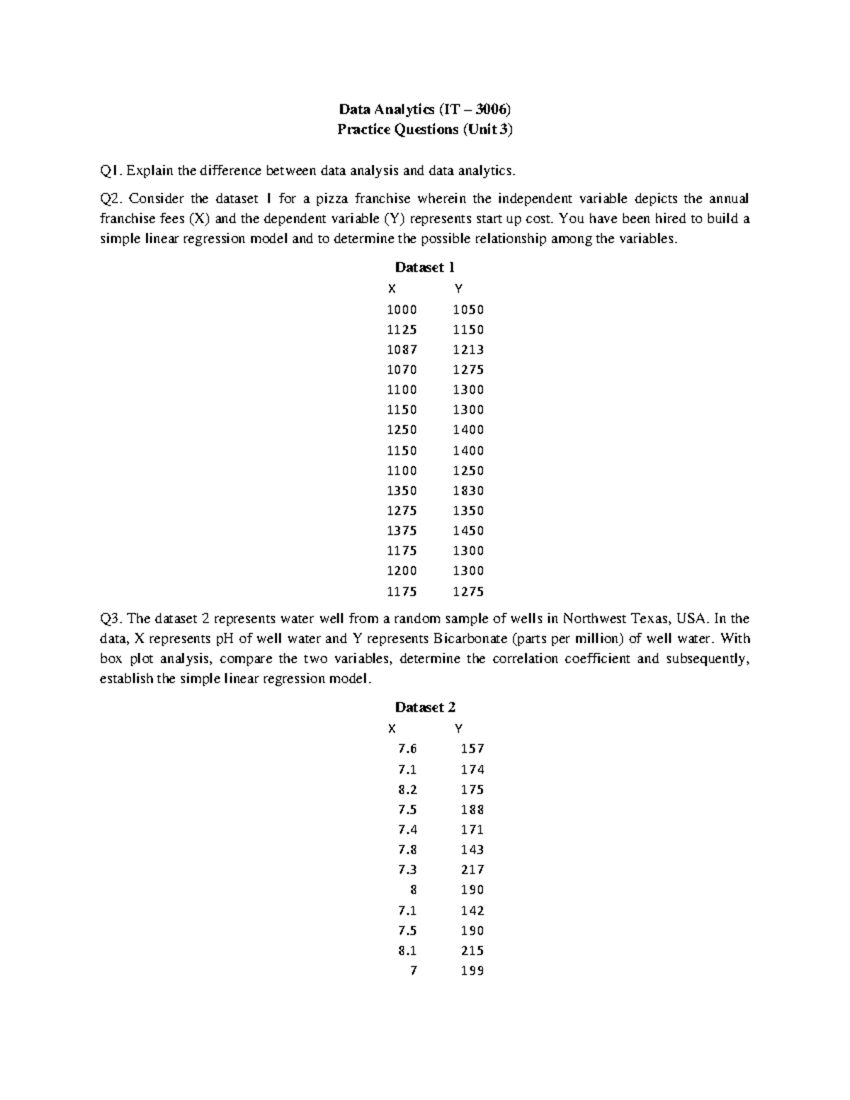 IT-3006 Data Analytics Practice Questions - Unit 3 Overview - Studocu