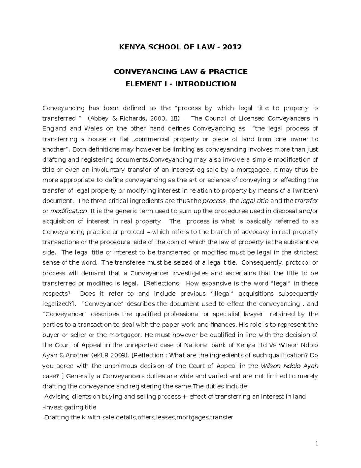 KSL 2012 Conveyancing Law: Principles and Practice Overview - Studocu