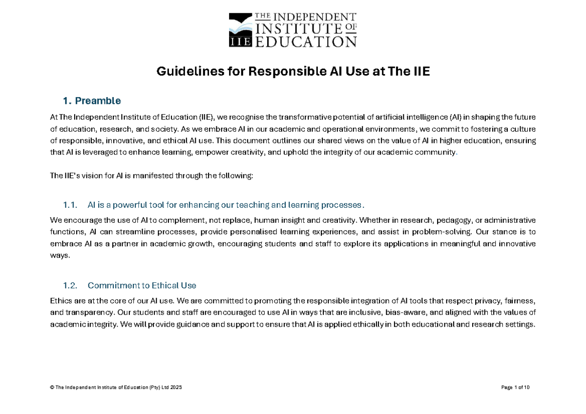 Guidelines for Responsible AI Use at The IIE: Ethical Practices and ...