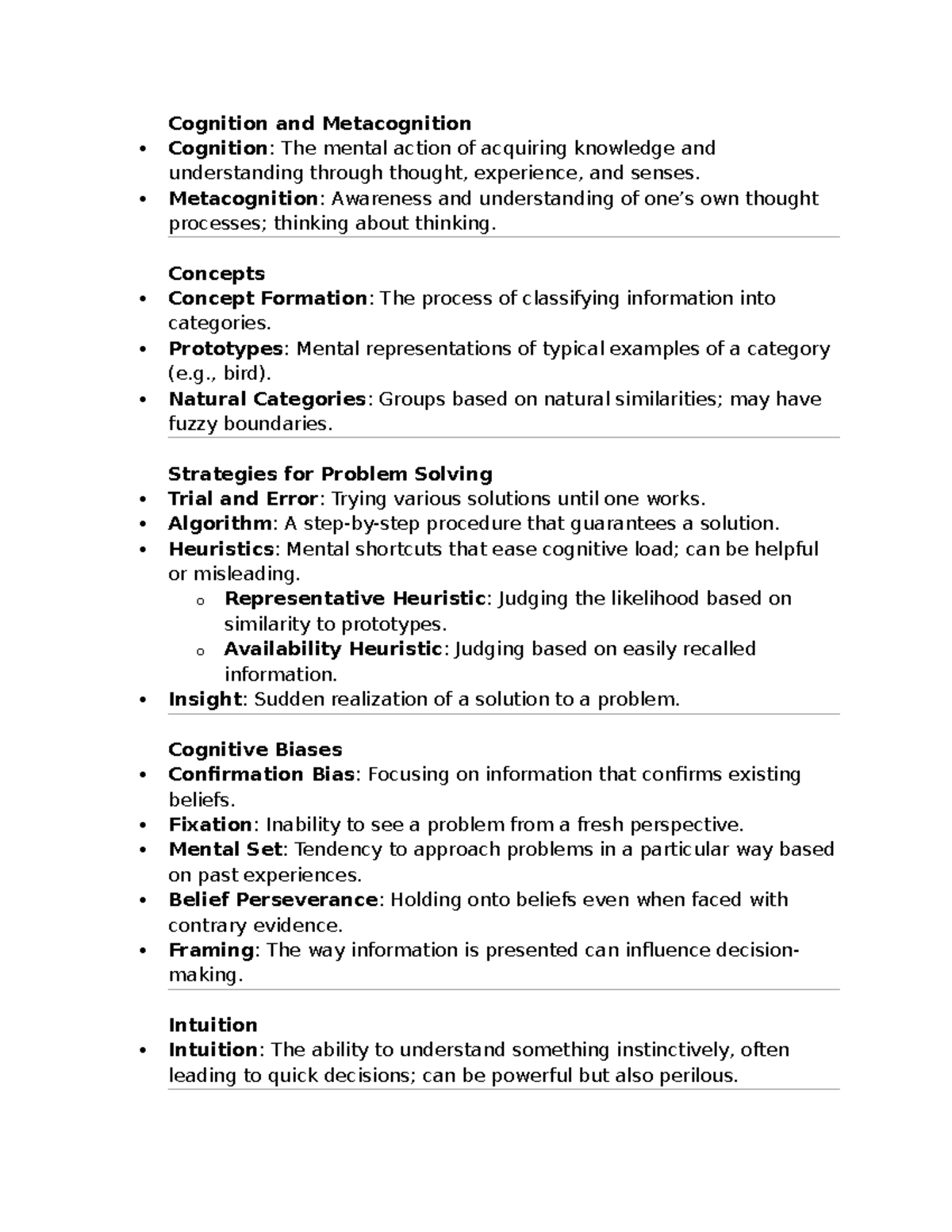Cognition and Metacognition Study Sheet for Midterm 1 (Psych 1215 ...