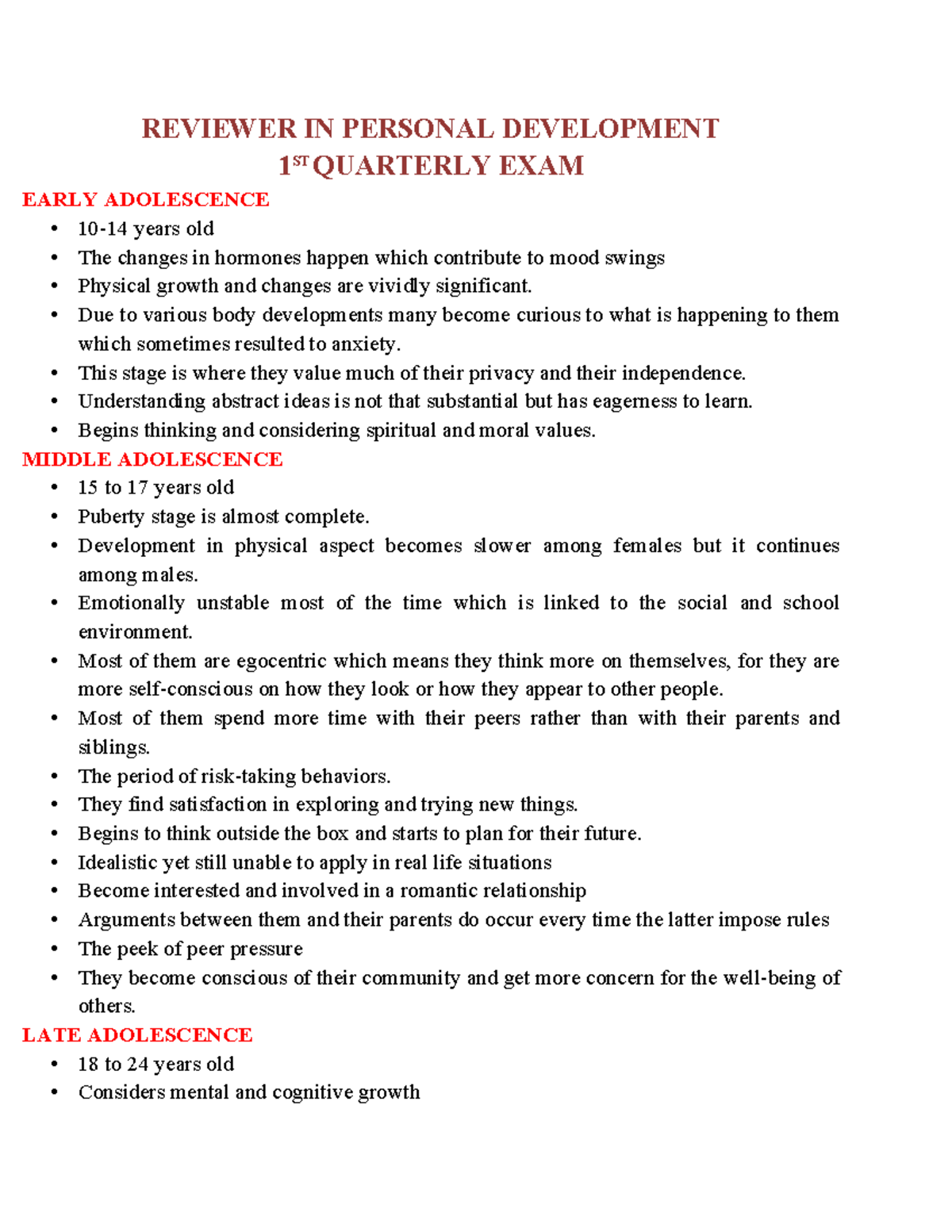 Personal Development 2 Reviewer for Quarterly Exam on Adolescence - Studocu