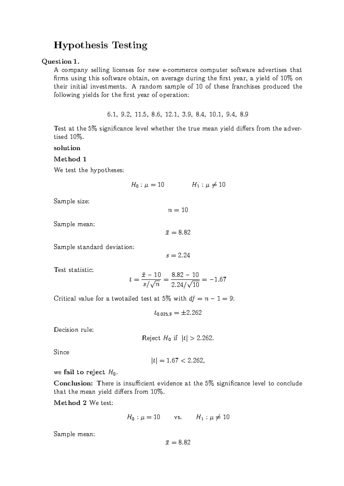 Review of Hypothesis Testing - Final Exam (Course Code: djjweewkw ...