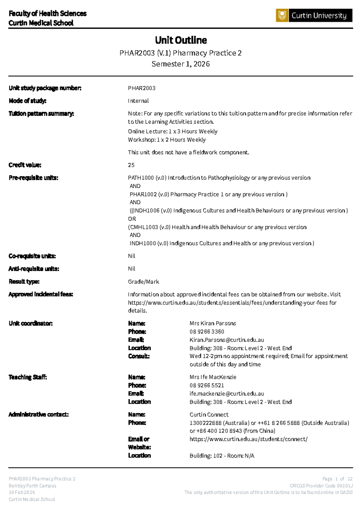 PHAR2003 Pharmacy Practice 2 Unit Outline - Semester 1, 2026 - Studocu