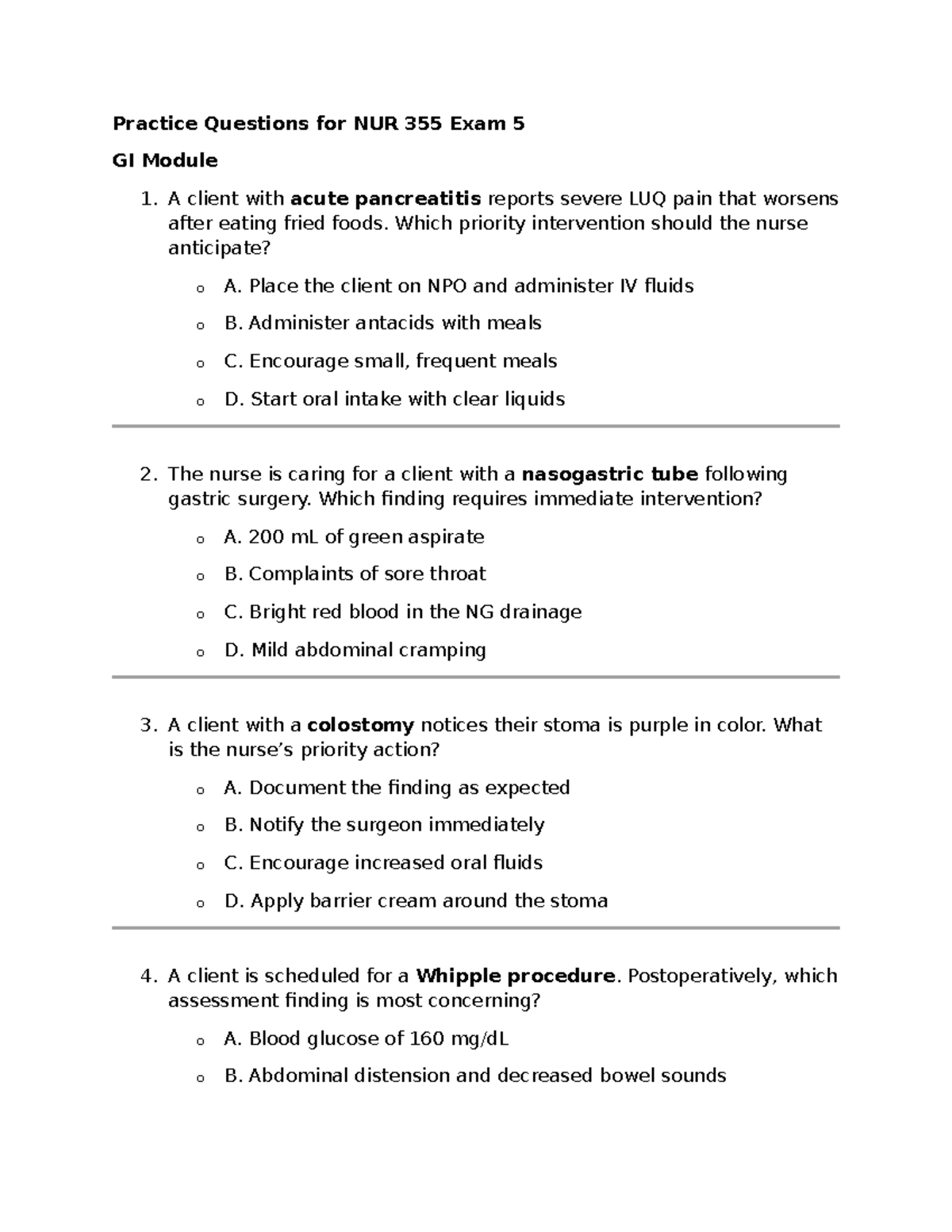 Med Surg Final Exam Practice Questions for NUR 355 GI Module 1 - Studocu