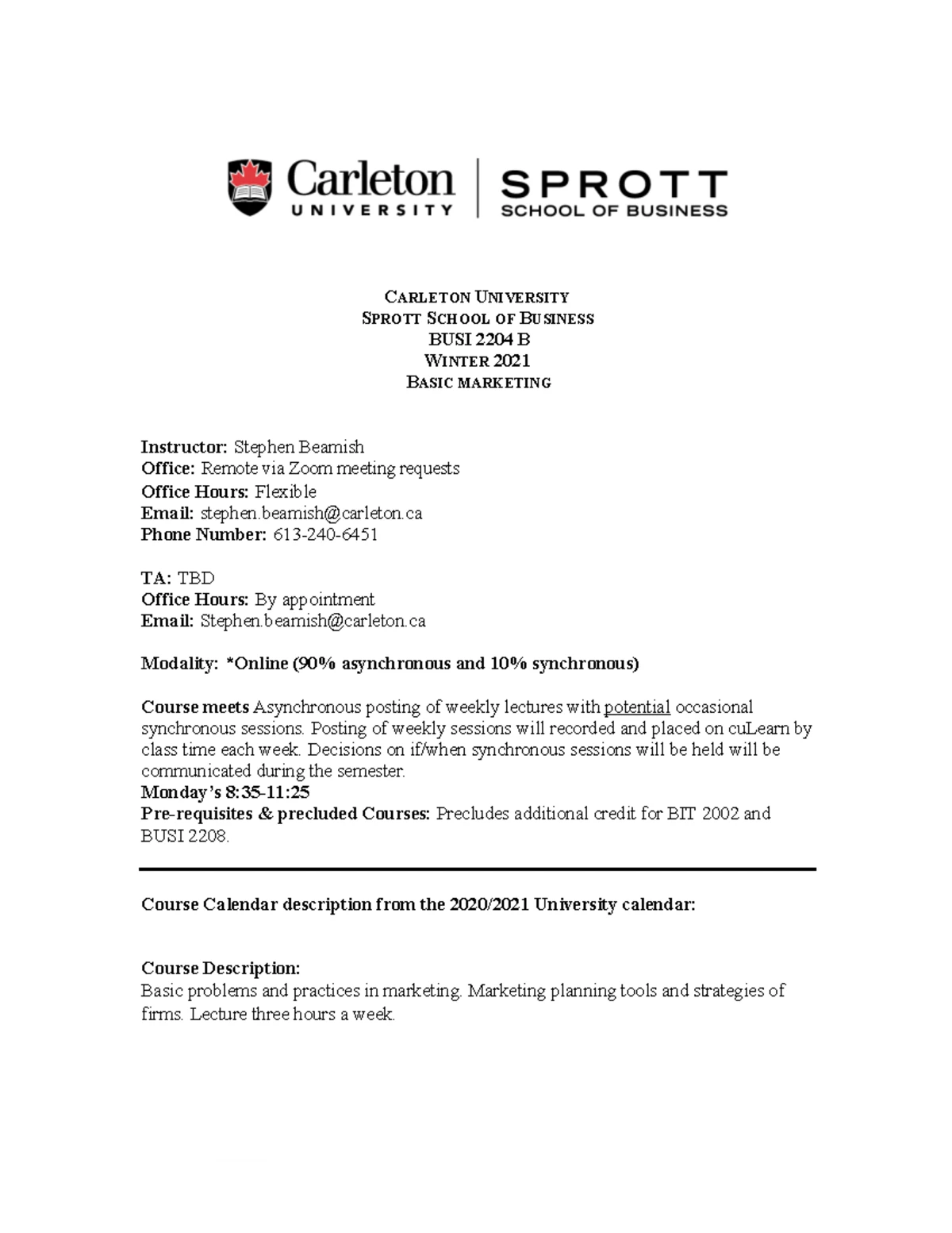 BUSI2204B Winter 2020 Course Outline - Stephen Beamish 2019 1210 Final ...