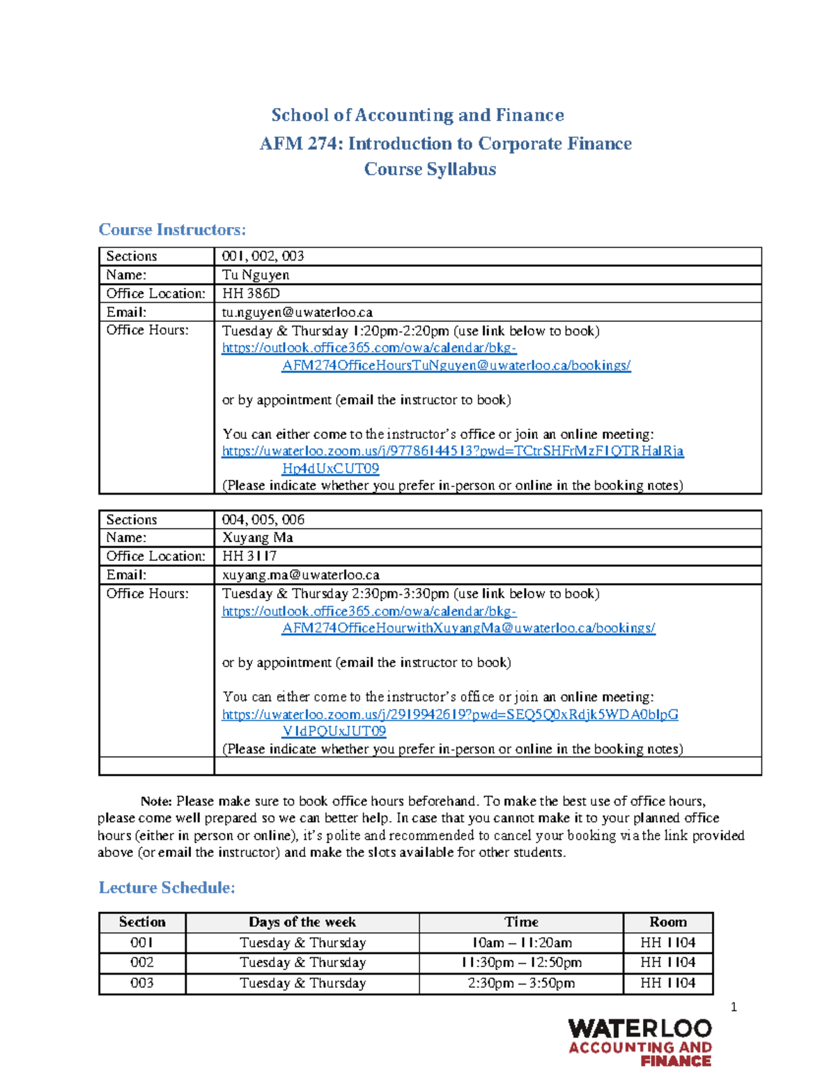 AFM 274 Course Syllabus S'22 - Course Instructors: School of Accounting ...