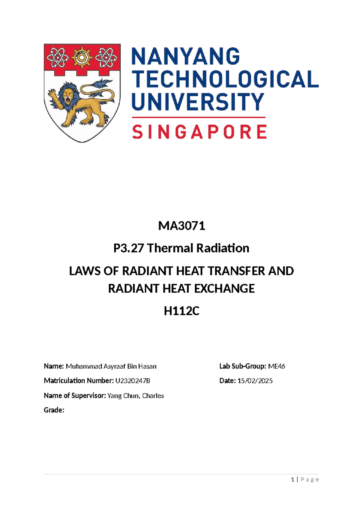 MA3071 E3.27 Lab Report on Thermal Radiation and Heat Transfer - Studocu