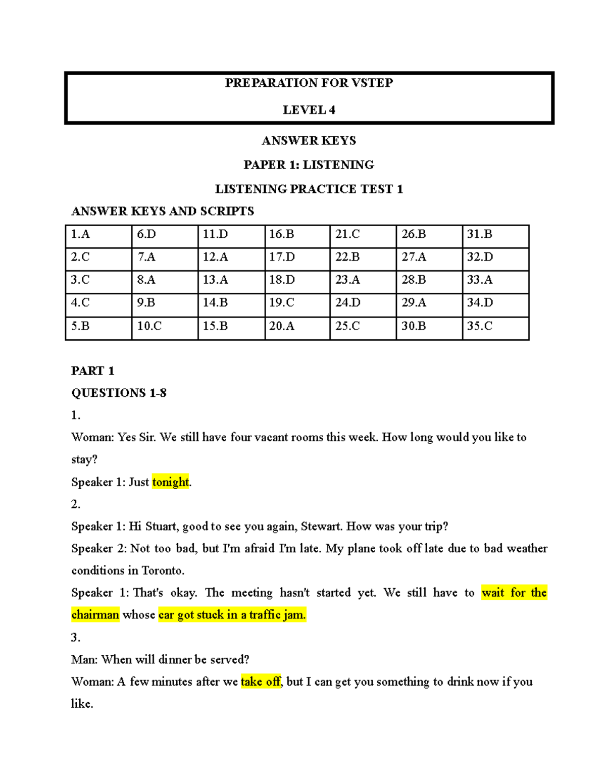 FL100H Listening Practice Test 1: Answer Keys and Scripts - Studocu