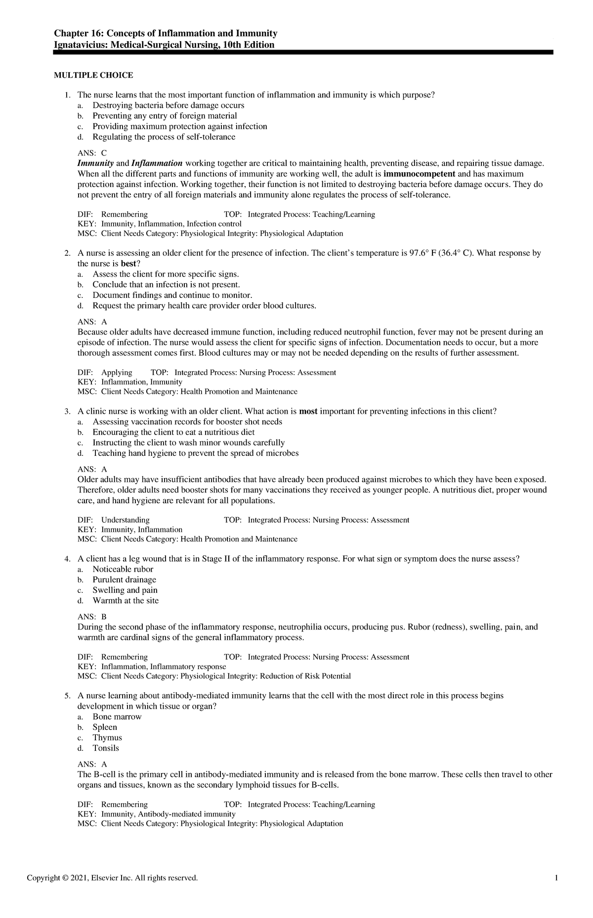 Exam View - Chapter 16: Inflammation and Immunity Concepts Review - Studocu