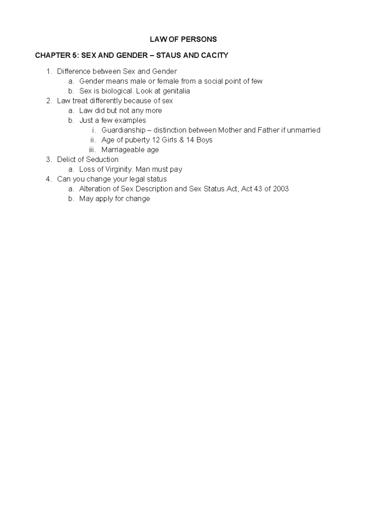 PRW10AT Notes - Chapter 5: Sex, Gender Status, and Capacity - Studocu
