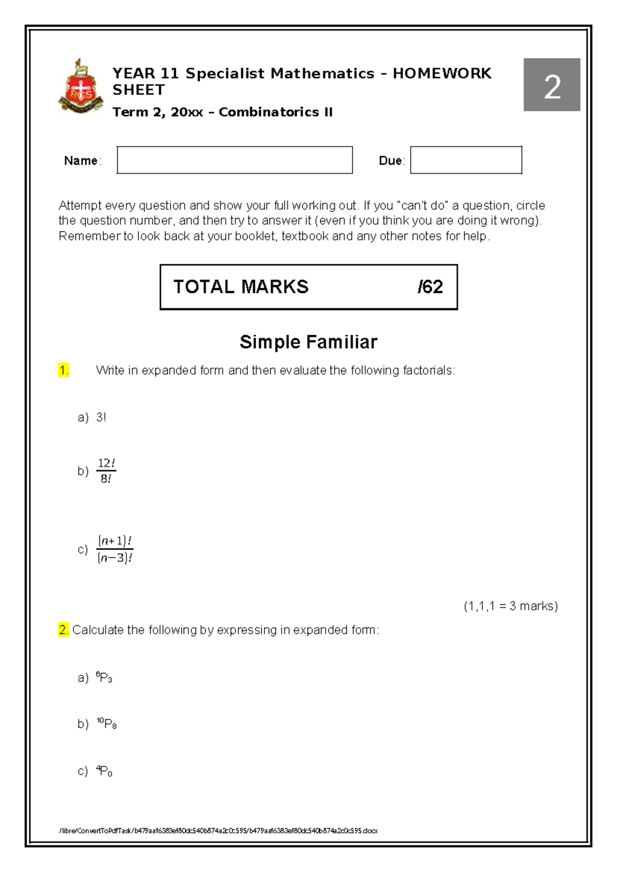 YEAR 11 Specialist Mathematics Term 2 Homework - Combinatorics II - Studocu