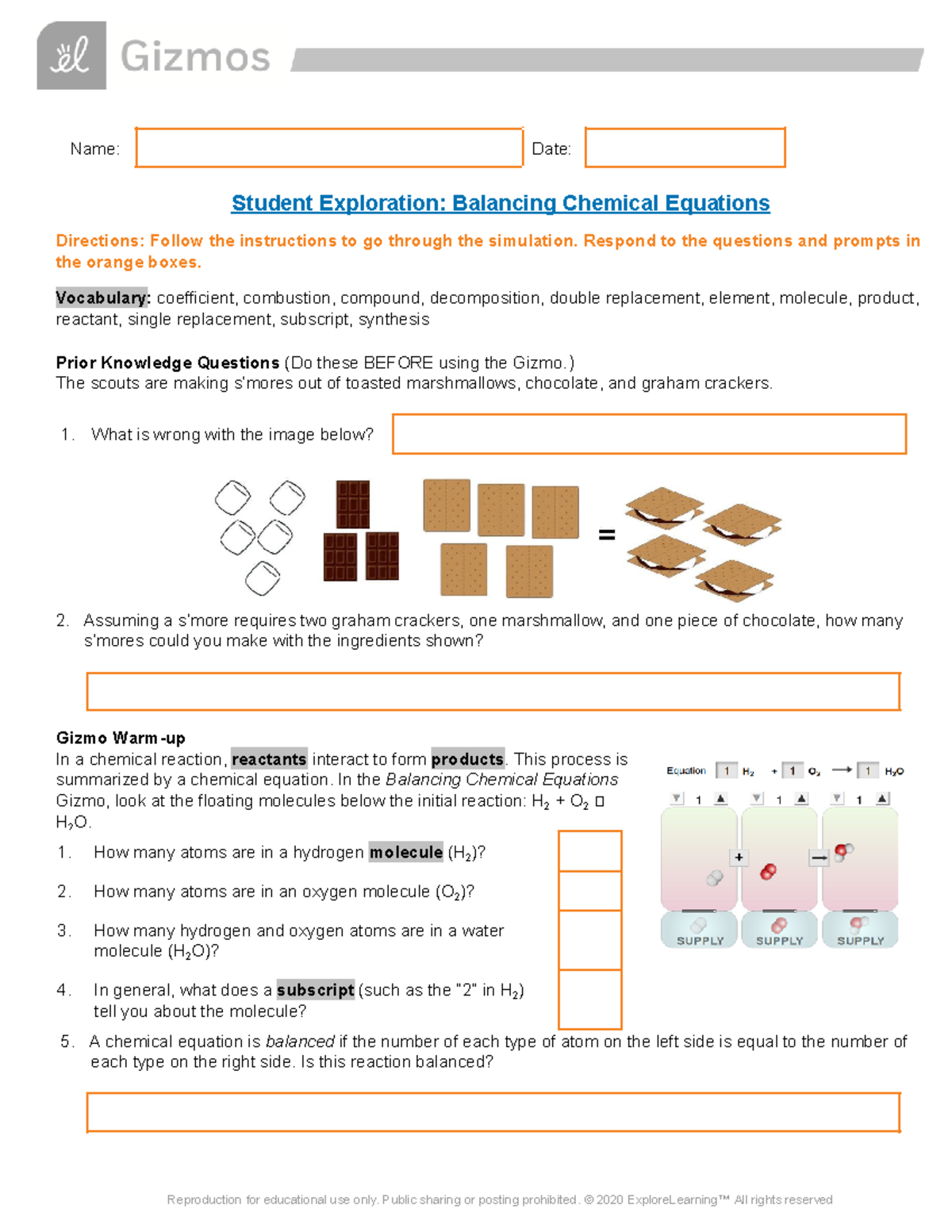 Balancing Chem Equations SE - Name: Date: Student Exploration ...