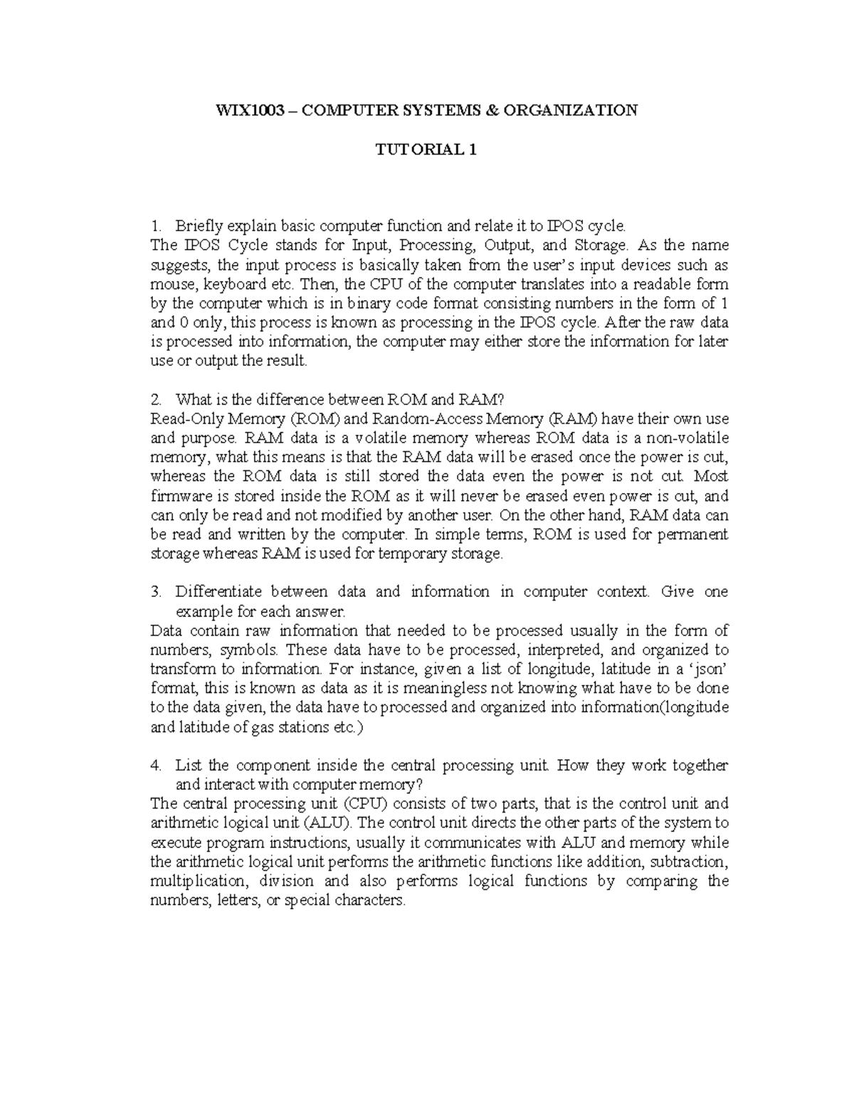 WIX1003 - Tutorial 1: Sample Answers on Computer Systems & IPOS Cycle ...
