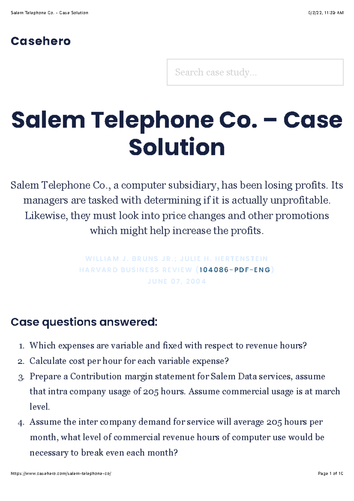 Salem Telephone Co. - Case Study Solution Analysis and Insights - Studocu