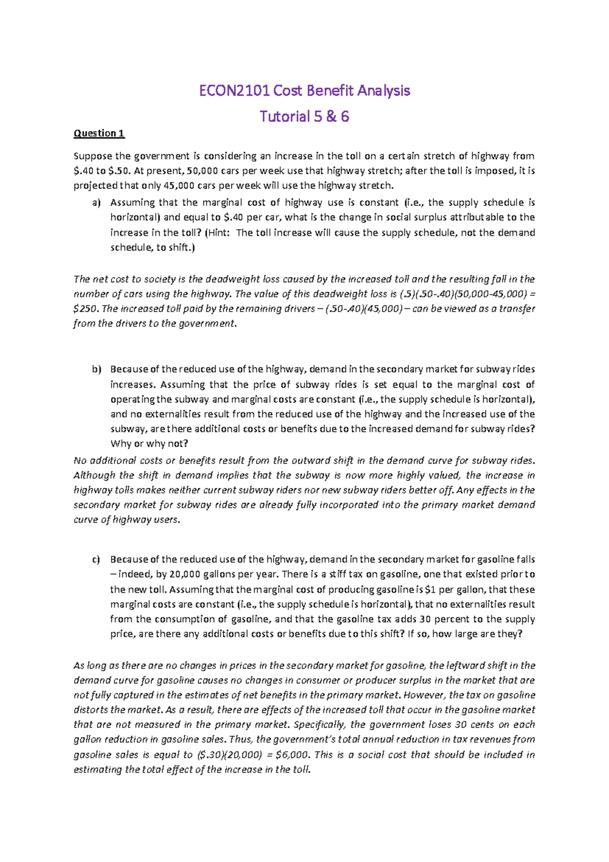 ECON2101 Tutorial 5 & 6: Cost Benefit Analysis & Minimum Wage Impacts ...