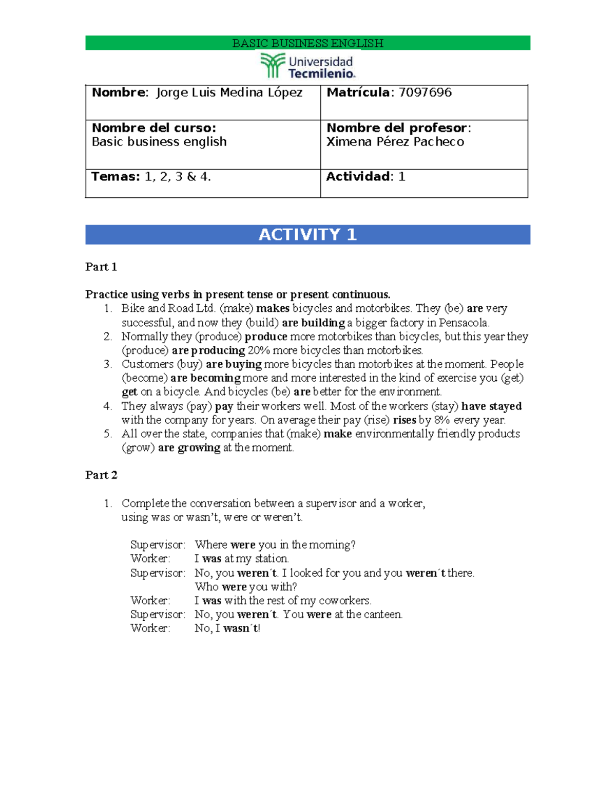 BASIC BUSINESS ENGLISH (7097696): Activity 1 - Present Tense Practice ...