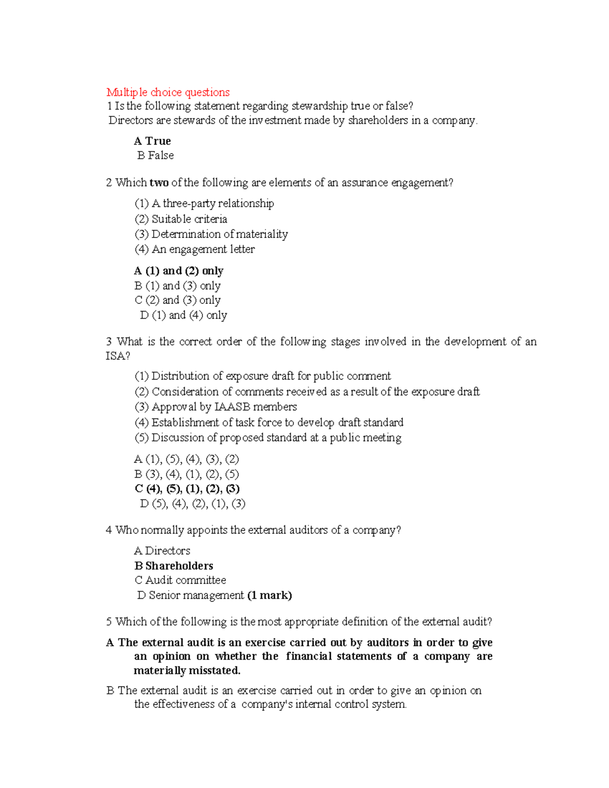 AA Course Review: Multiple Choice Questions for Exam Preparation - Studocu