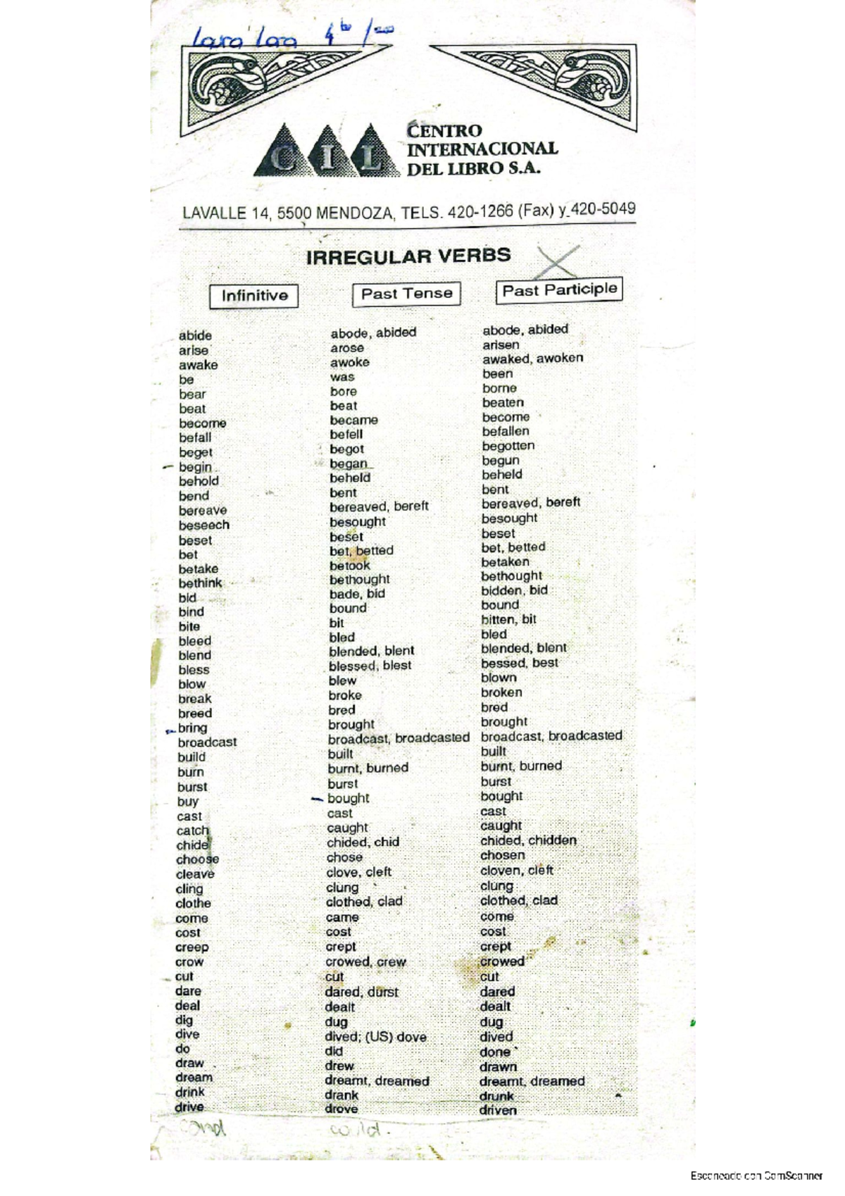 Irregular Verbs List for English - Course 100 011 - Studocu