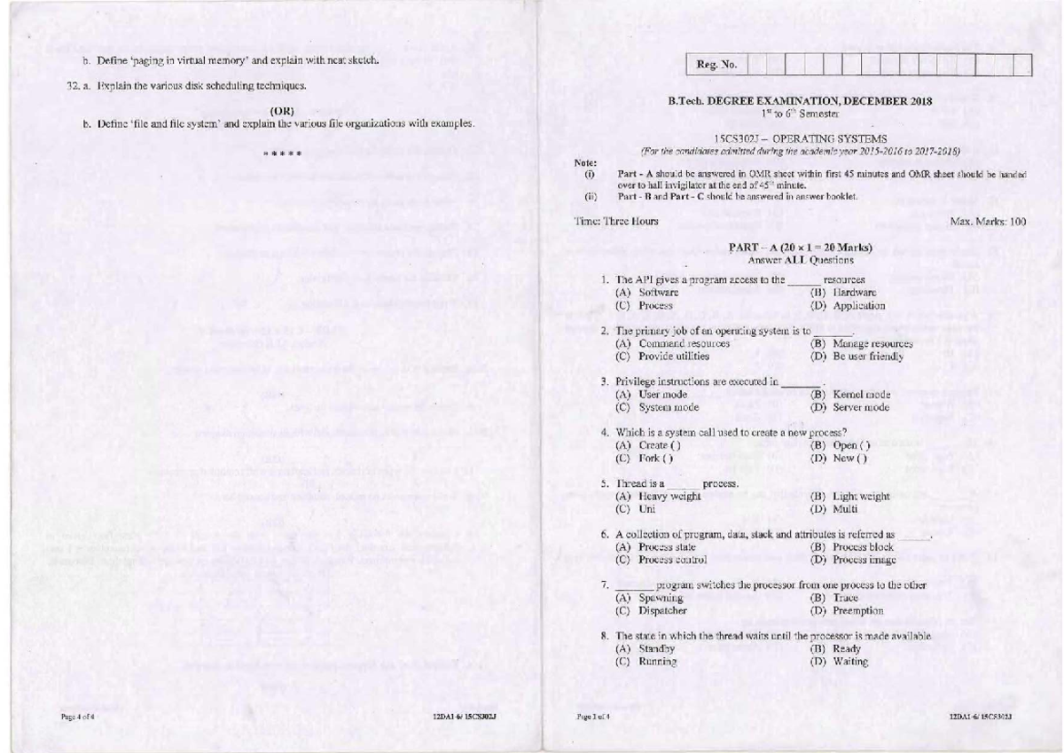 15CS302J Operating Systems - Previous Year Questions (Dec 2018) - Studocu