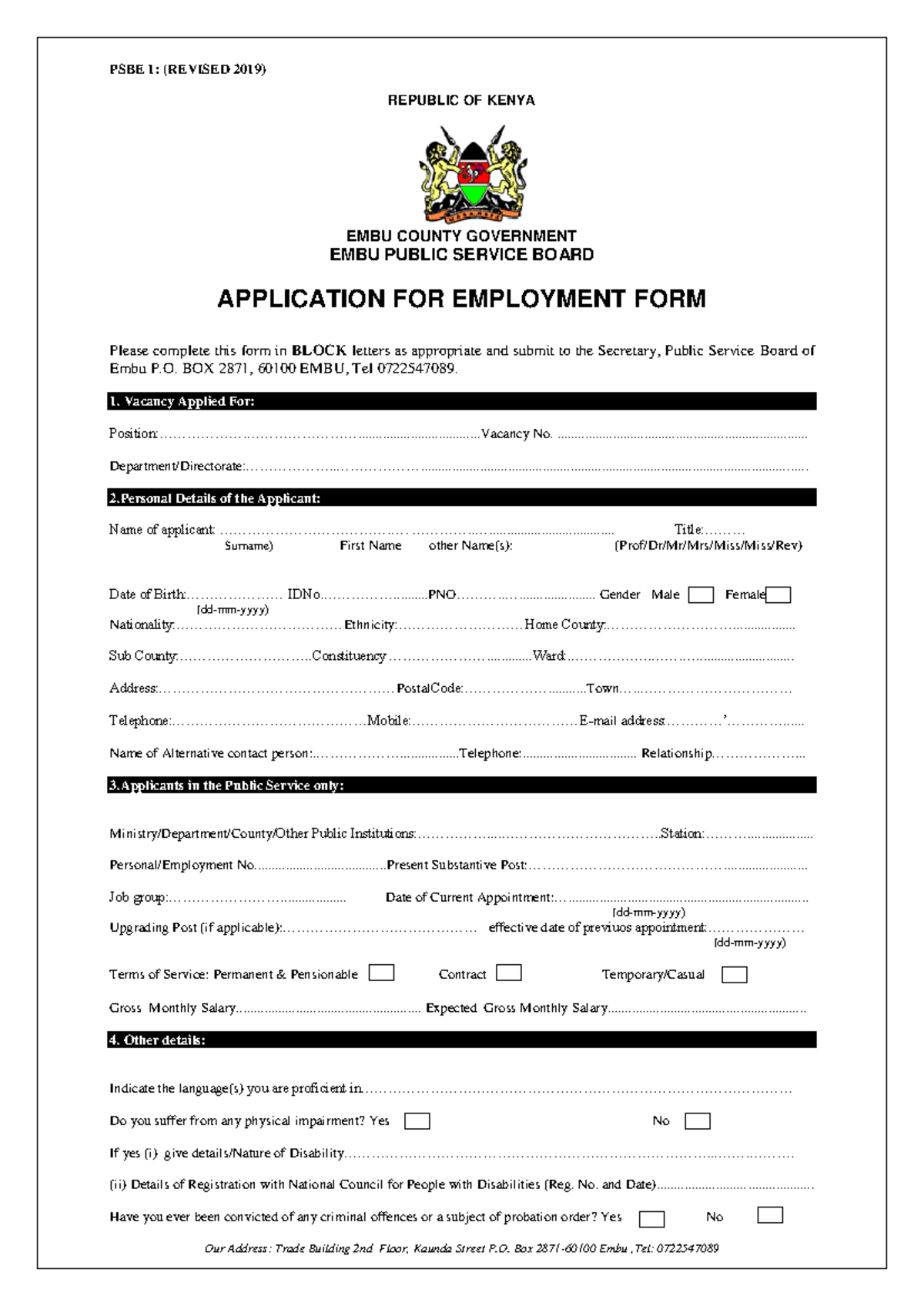EMBU County Public Service Board Employment Application FORM 2 (Revised ...
